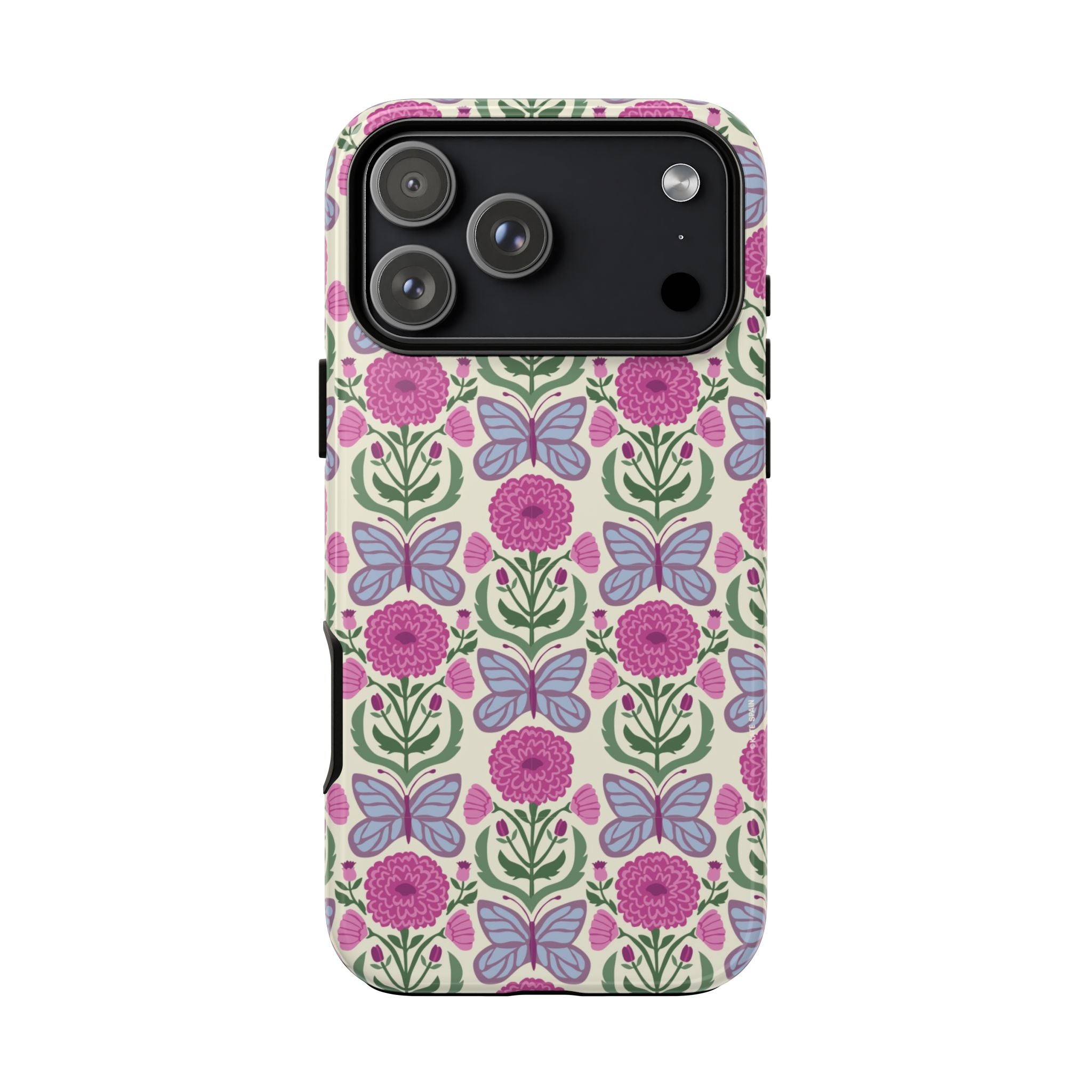 Butterfly Tough iPhone 17 Pro Max Case – Glossy | cream, magenta, periwinkle butterfly floral print