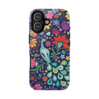 Peacock Sanctuary Tough iPhone 17 Case – Matte | navy, teal, coral multicolor vibrant peacock feather botanical print