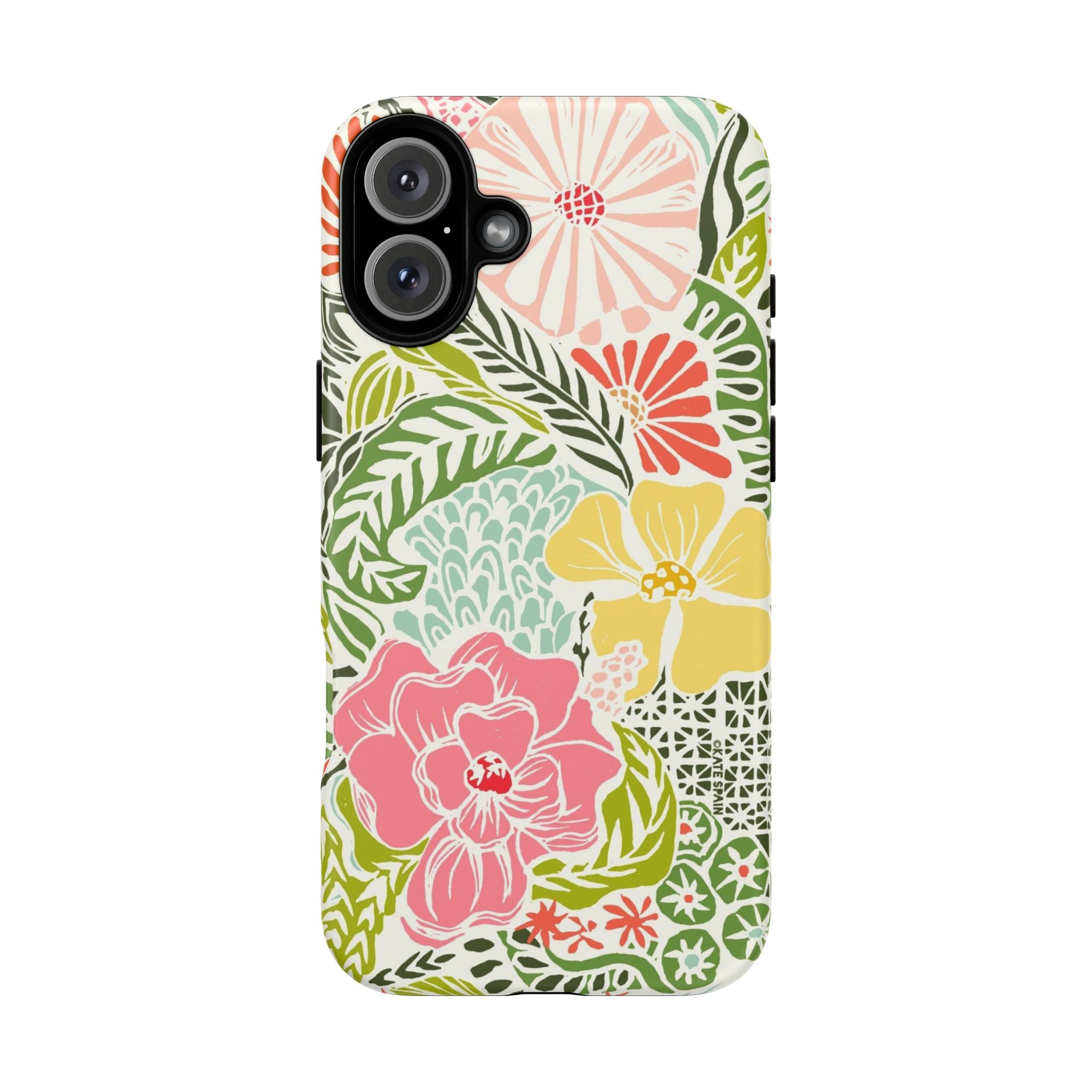 Tropica Tough iPhone 16 Plus Case – Matte | cream, pink, yellow, blue botanical floral print