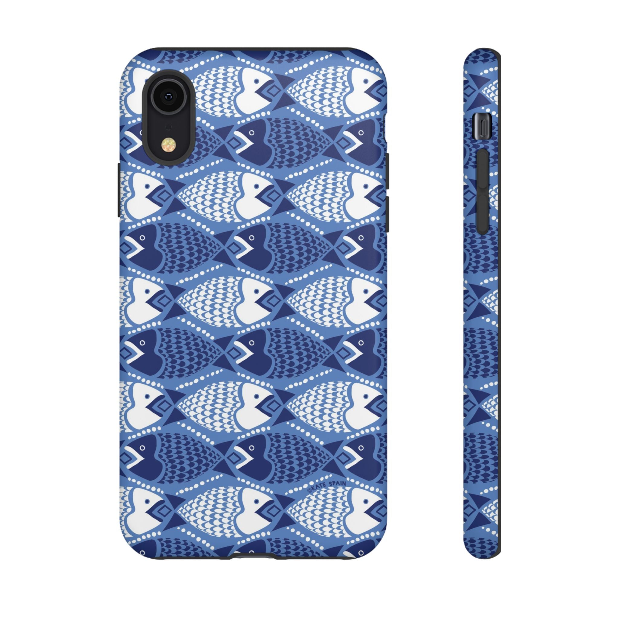 Catch of the Day Tough iPhone XR Case – Matte | navy, blue, white geometric fish print