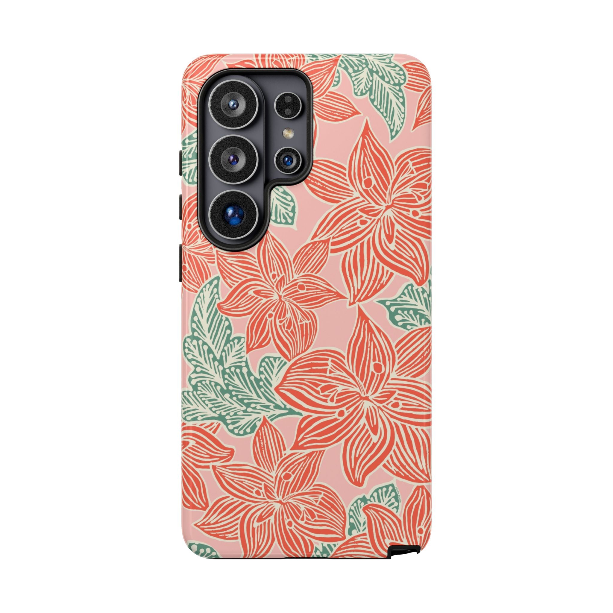 Hibiscus Coral Samsung Galaxy S26 Ultra Glossy Case — blush pink hard case with large-scale coral red hibiscus flowers and teal-green leaves in a bold botanical linework print, densely layered across the surface