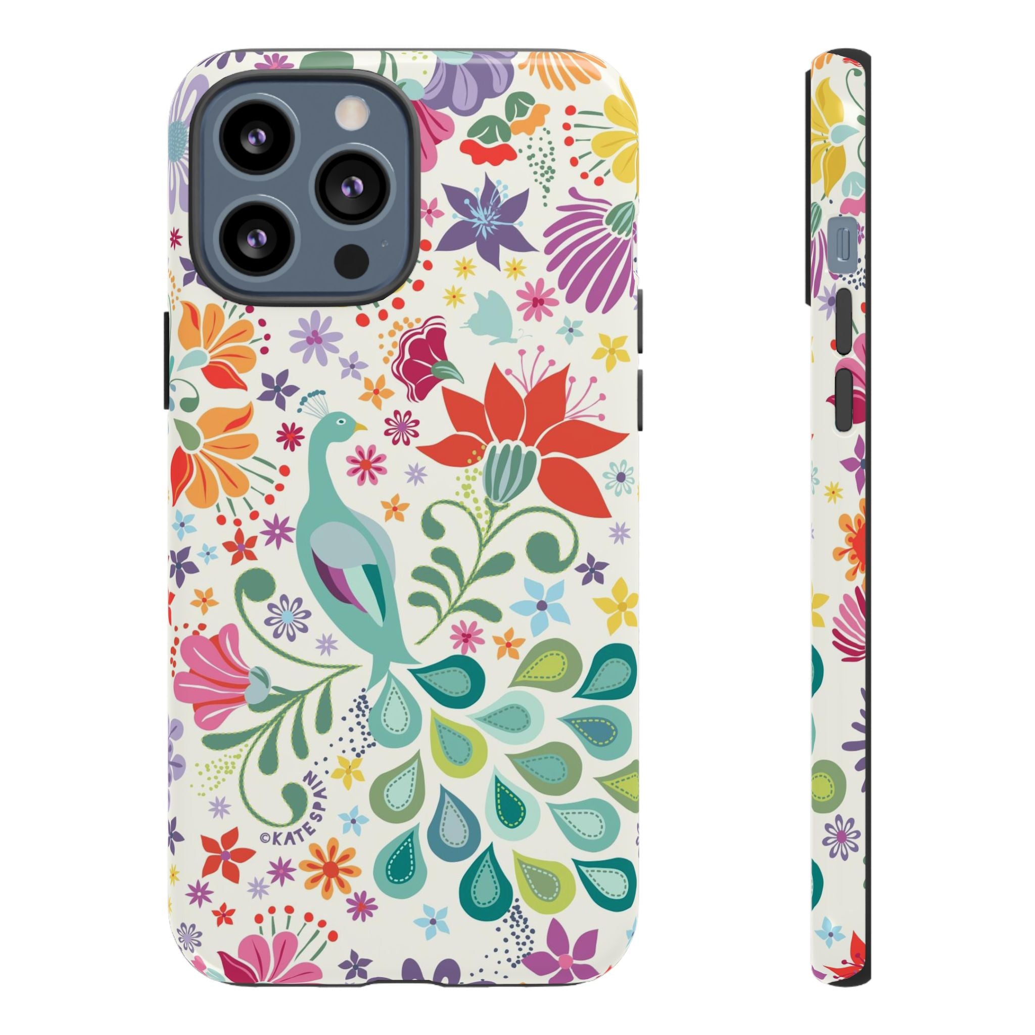 Peacock Sanctuary Tough iPhone 13 Pro Max Case – Glossy | white, teal, coral multicolor vibrant peacock feather botanical print