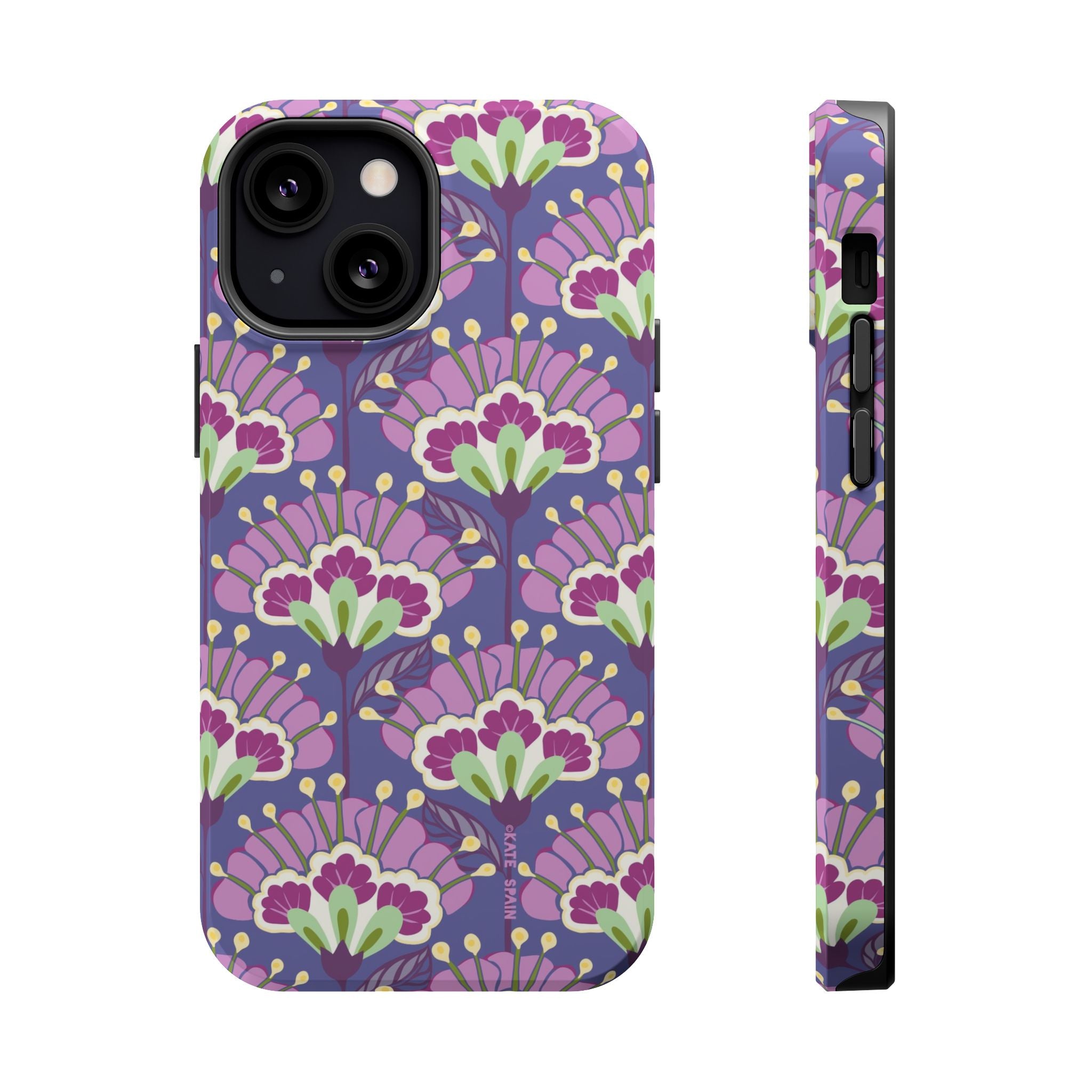 Lantern Flower MagSafe iPhone 13 Mini Case – Glossy | periwinkle, purple, mauve, sage botanical lantern floral print MagSafe compatible, dual-layer protection