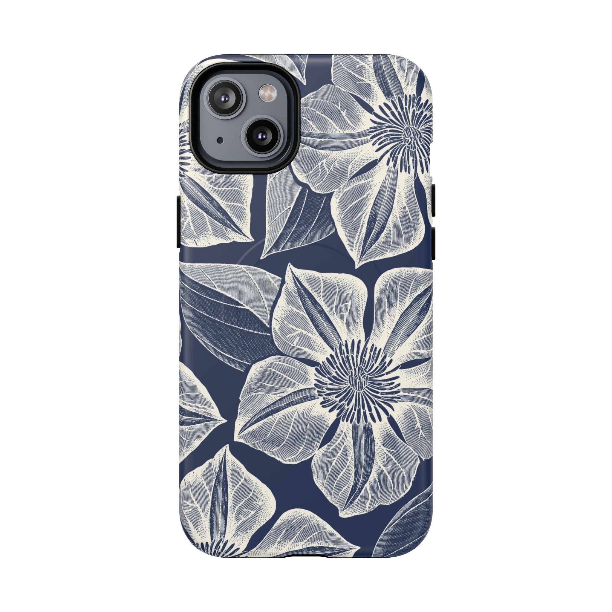 Vintage Bloom Navy MagSafe iPhone 14 Plus Case – Matte | navy ground, large-scale white clematis print, engraved petal detail, dual-layer protection