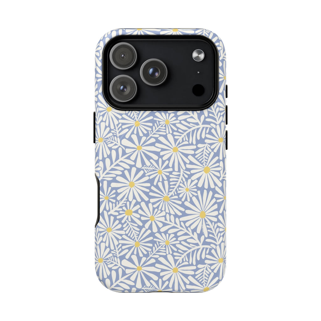 Montauk Daisy Cottage Blue MagSafe iPhone 17 Pro Case – Matte | periwinkle blue, white graphic daisy and fern print, golden yellow centers MagSafe compatible, dual-layer protection
