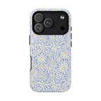 Montauk Daisy Cottage Blue MagSafe iPhone 17 Pro Case – Matte | periwinkle blue, white graphic daisy and fern print, golden yellow centers MagSafe compatible, dual-layer protection