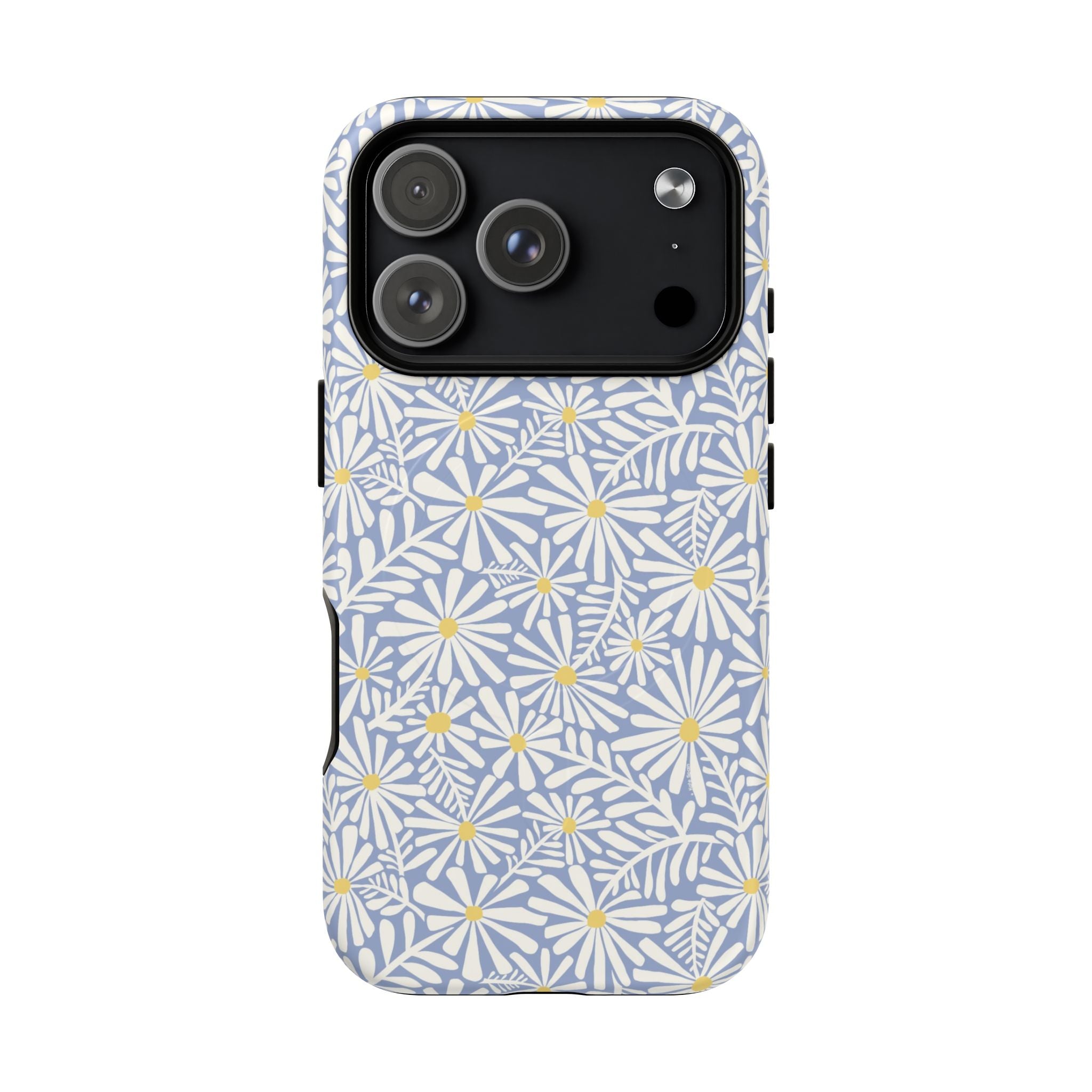 Montauk Daisy Cottage Blue MagSafe iPhone 17 Pro Case – Matte | periwinkle blue, white graphic daisy and fern print, golden yellow centers MagSafe compatible, dual-layer protection