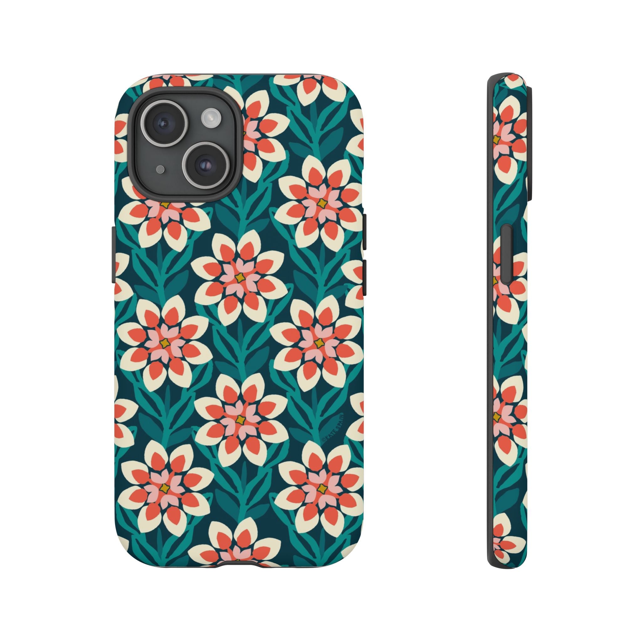 Modern Dahlia Tough iPhone 15 Case – Matte | teal, coral, cream geometric dahlia floral print