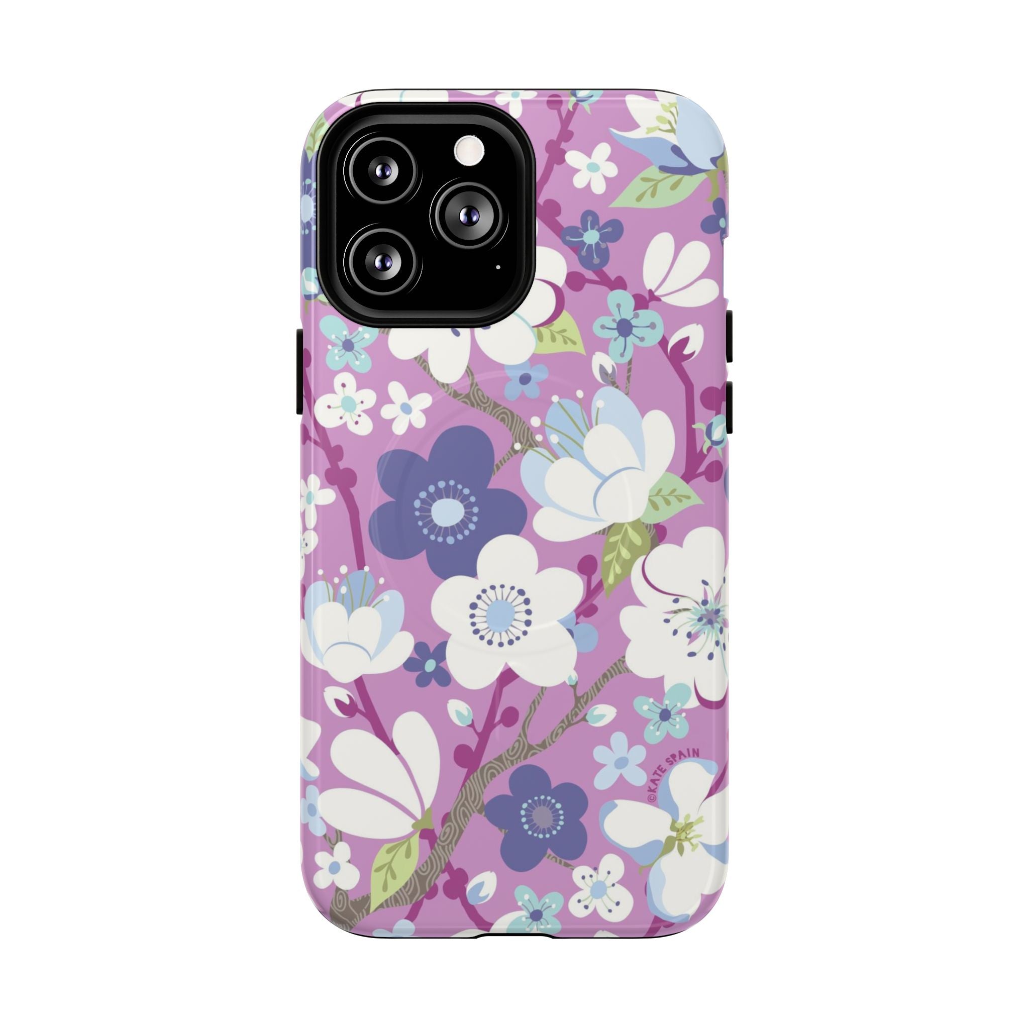 Purple Cherry Blossom MagSafe iPhone 13 Pro Max Case – Glossy | mauve, purple, blue, white cherry blossom print