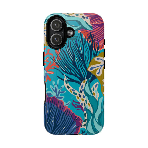 Reef MagSafe iPhone 17 Case – Glossy | teal, coral, navy, purple botanical coral reef print