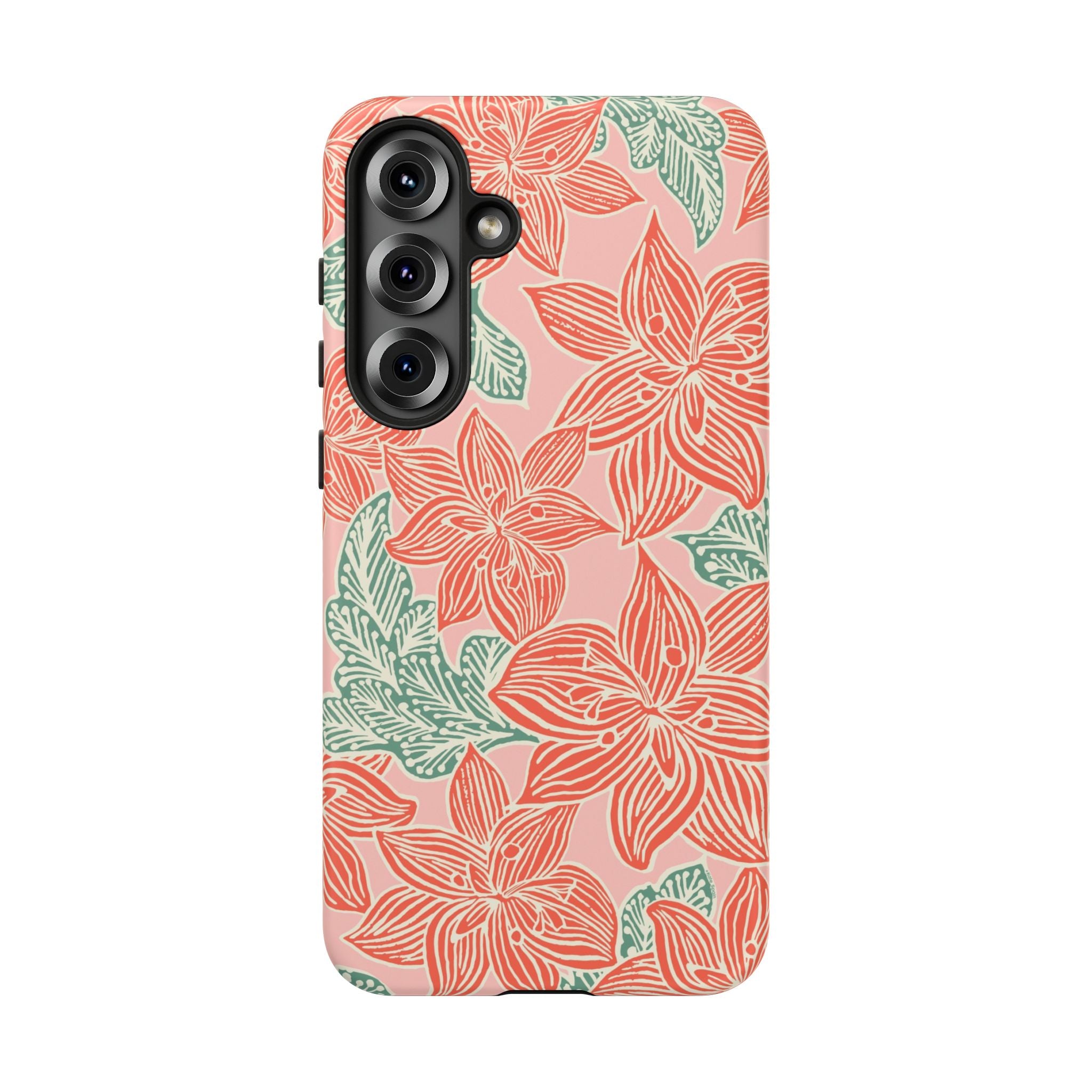Hibiscus Coral Samsung Galaxy S25 Plus Matte Case — blush pink hard case with large-scale coral red hibiscus flowers and teal-green leaves in a bold botanical linework print, densely layered across the surface