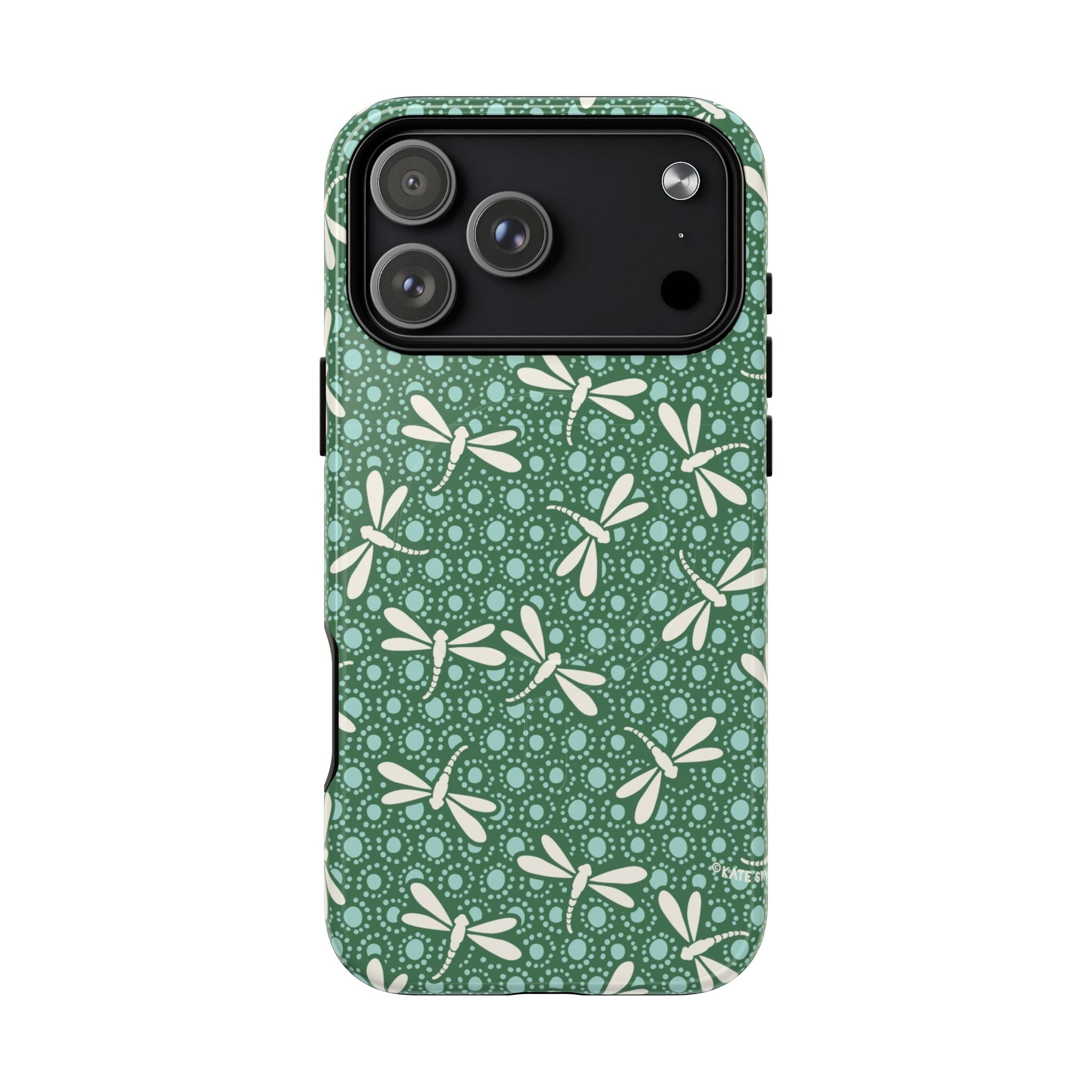 Designer Dragonfly MagSafe iPhone 17 Pro Max Case – Glossy | jade green, aqua, cream dragonfly print