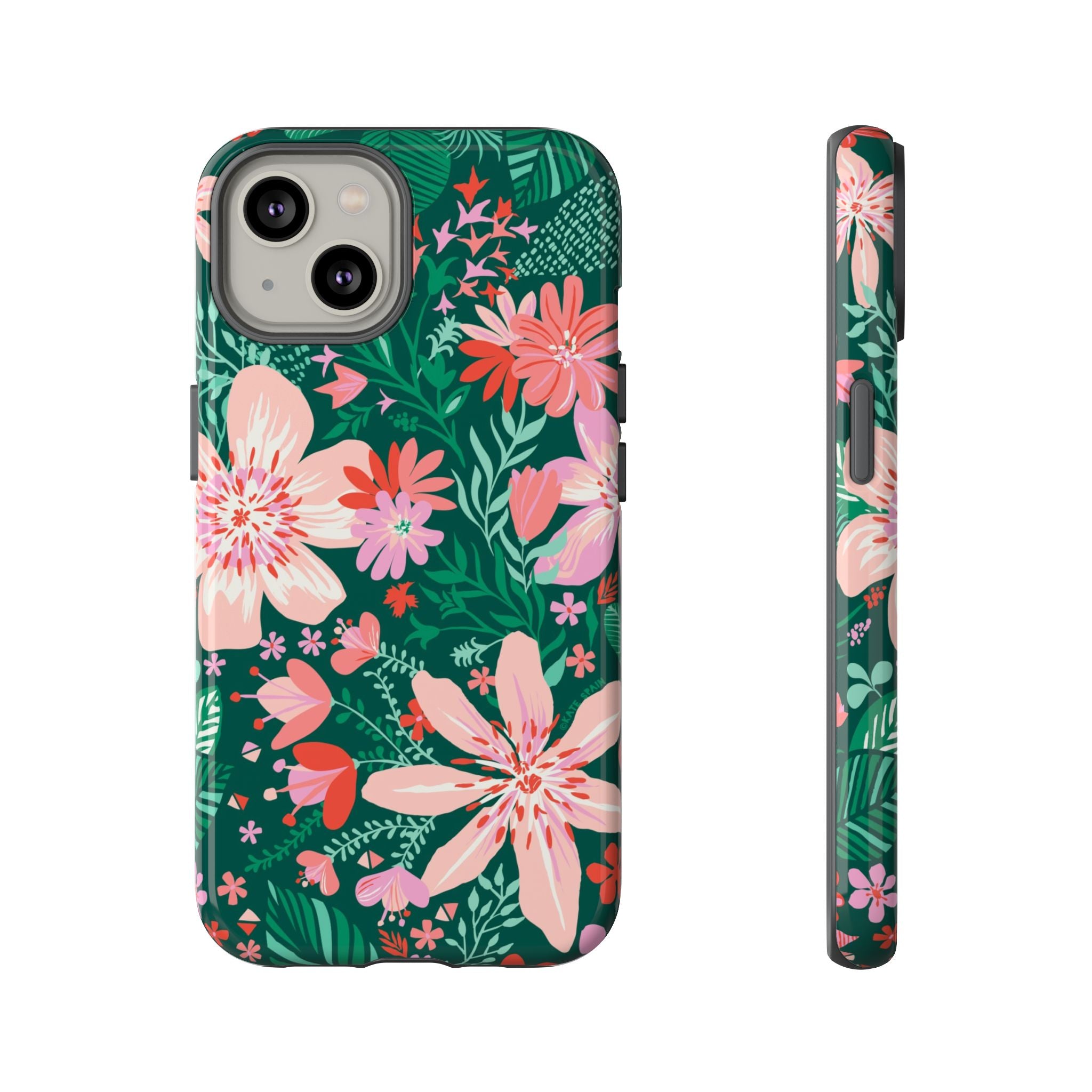 Bonaire Tough iPhone 14 Case – Glossy | jade, pink, white tropical floral botanical print