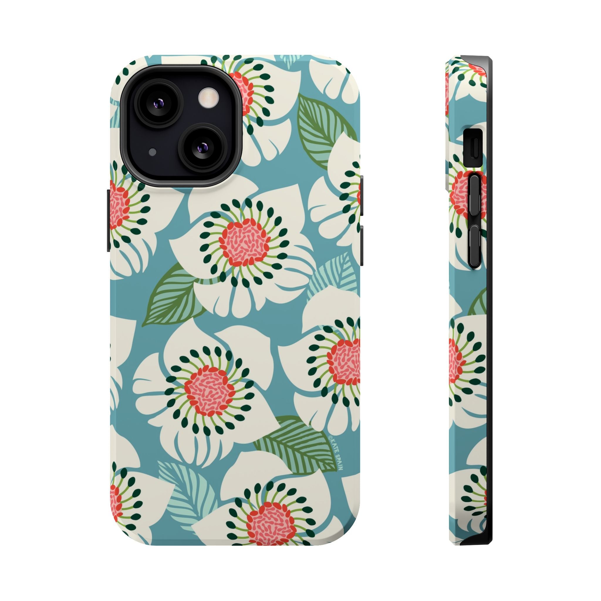 Panache Floral MagSafe iPhone 13 Mini Case – Glossy | sky blue, pale cream, pink anemone floral print