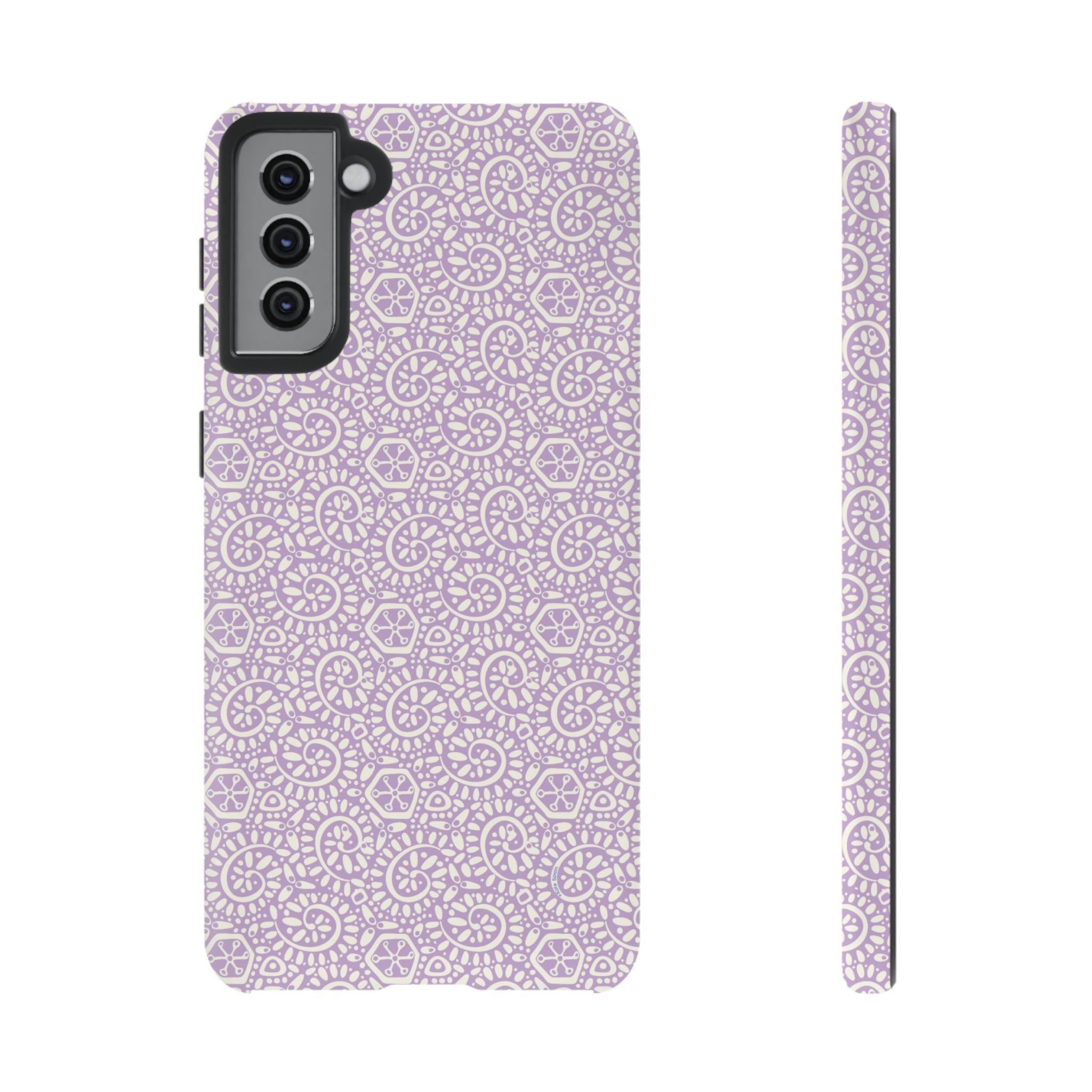 Canto Swirls Lavender Samsung Galaxy S21 Plus Matte Case — lavender hard case covered in an intricate folk-art medallion pattern of radiating circular motifs, dot clusters, and geometric centers