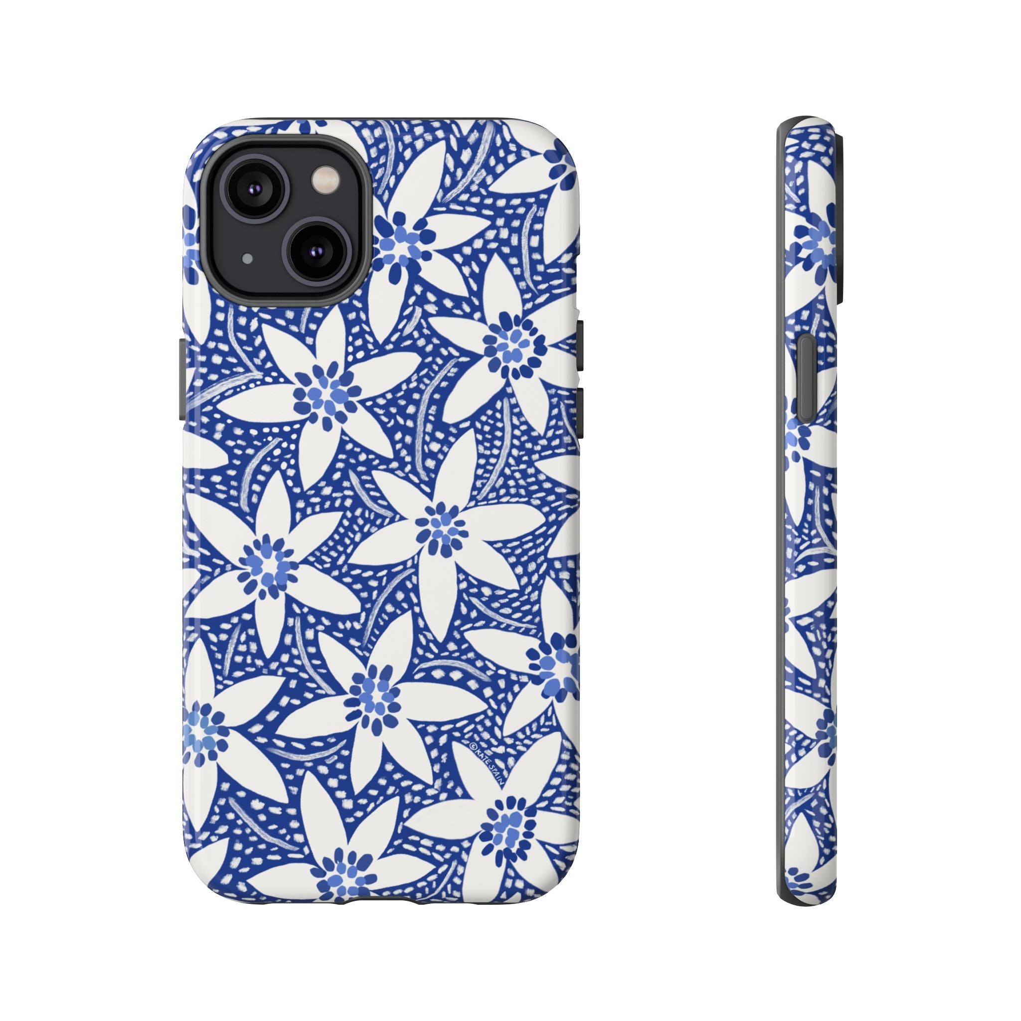 Starflower iPhone 14 Plus Case – Glossy | navy, white geometric starflower print