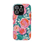 Luxury Tea Rose Teal MagSafe iPhone 16 Pro Case – Matte | teal, coral, pink botanical rose floral print