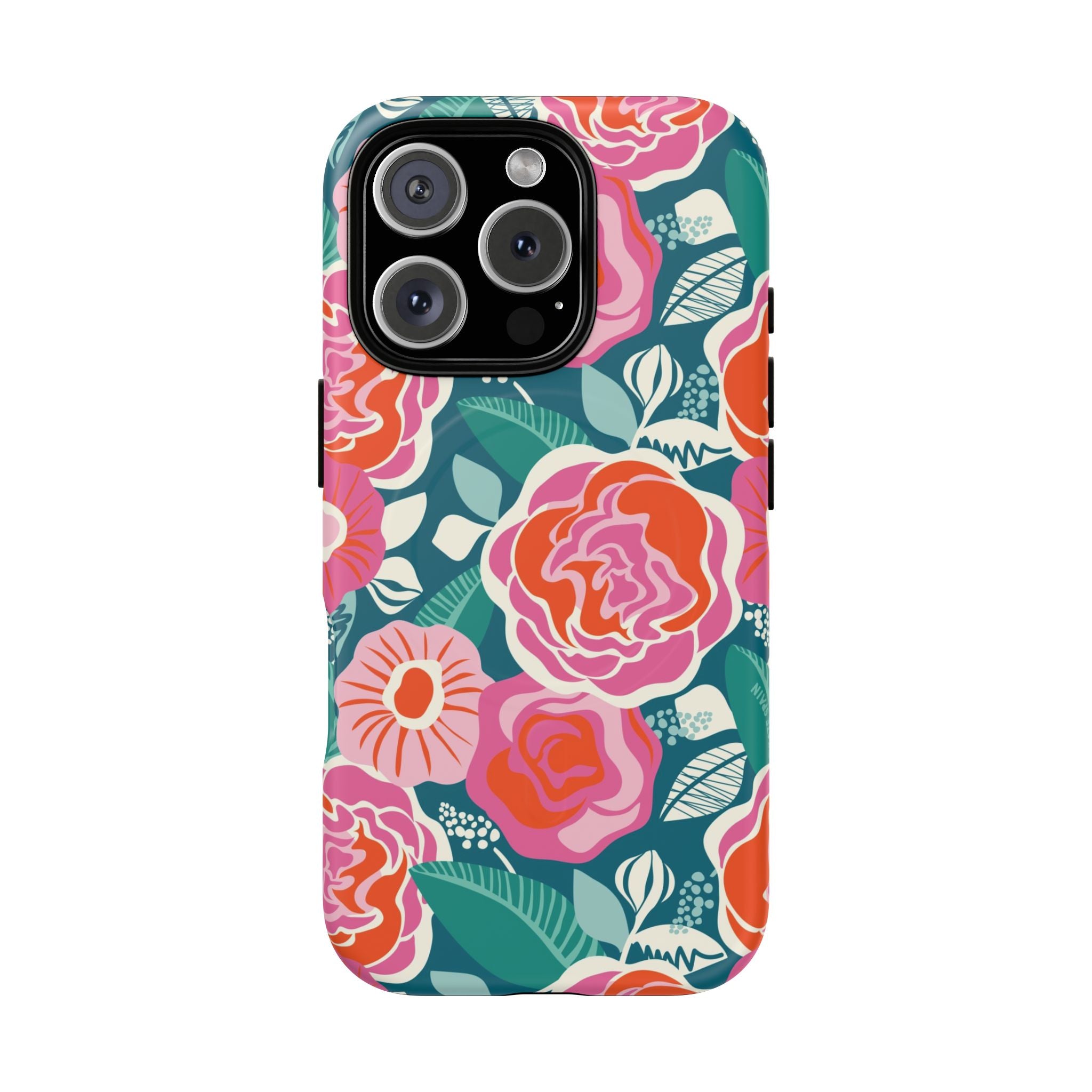 Luxury Tea Rose Teal MagSafe iPhone 16 Pro Case – Matte | teal, coral, pink botanical rose floral print