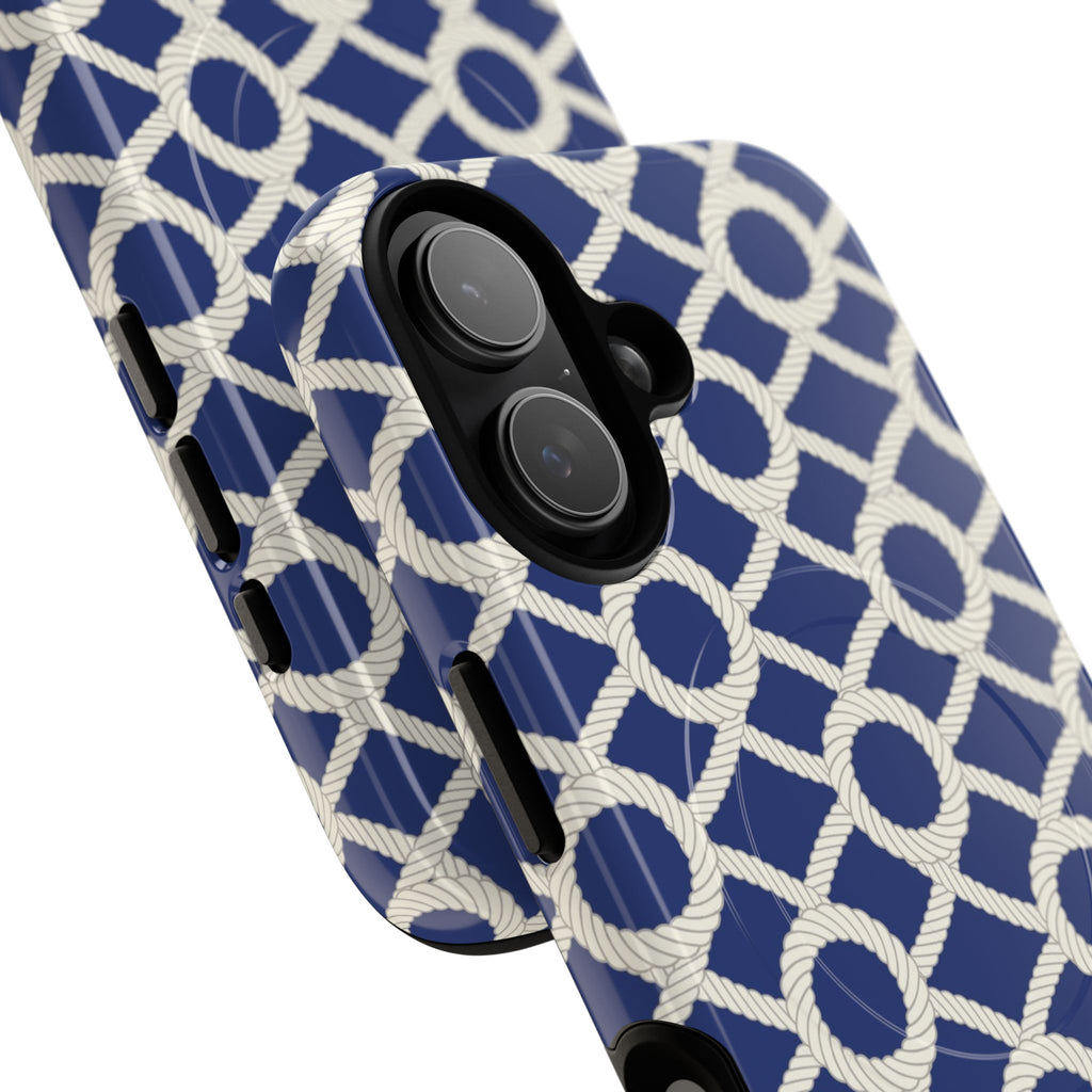 Sailor's Knot MagSafe iPhone 17 Case – Glossy | cream, navy nautical print | angled view closeup of camera cutout and buttons