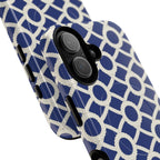 Sailor's Knot MagSafe iPhone 17 Case – Glossy | cream, navy nautical print | angled view closeup of camera cutout and buttons