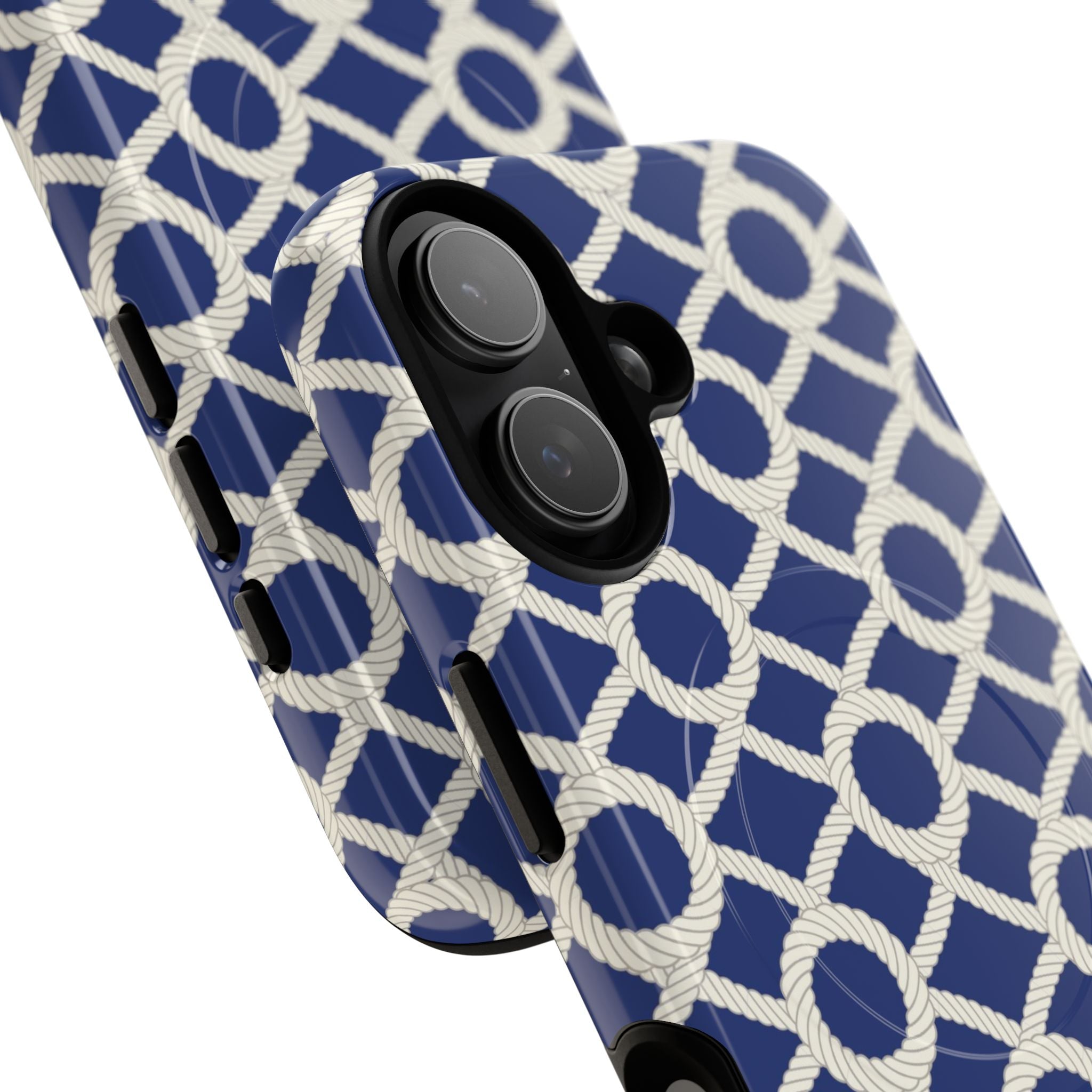 Sailor's Knot MagSafe iPhone 17 Case – Glossy | cream, navy nautical print | angled view closeup of camera cutout and buttons