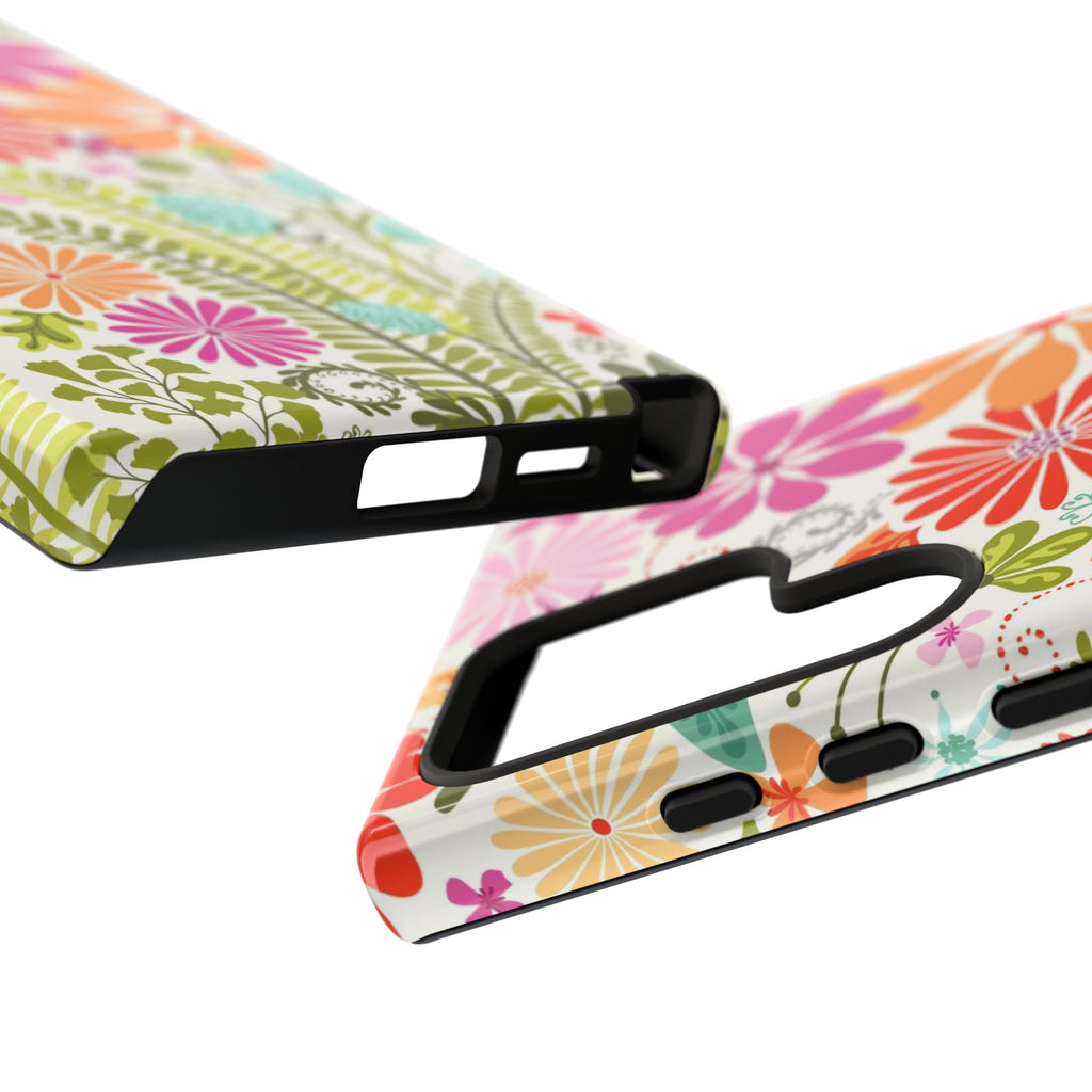 Luxury Terrain Samsung Galaxy S24 Ultra Case – Glossy | Close-up of sides of case in white, magenta, coral botanical woodland floral print