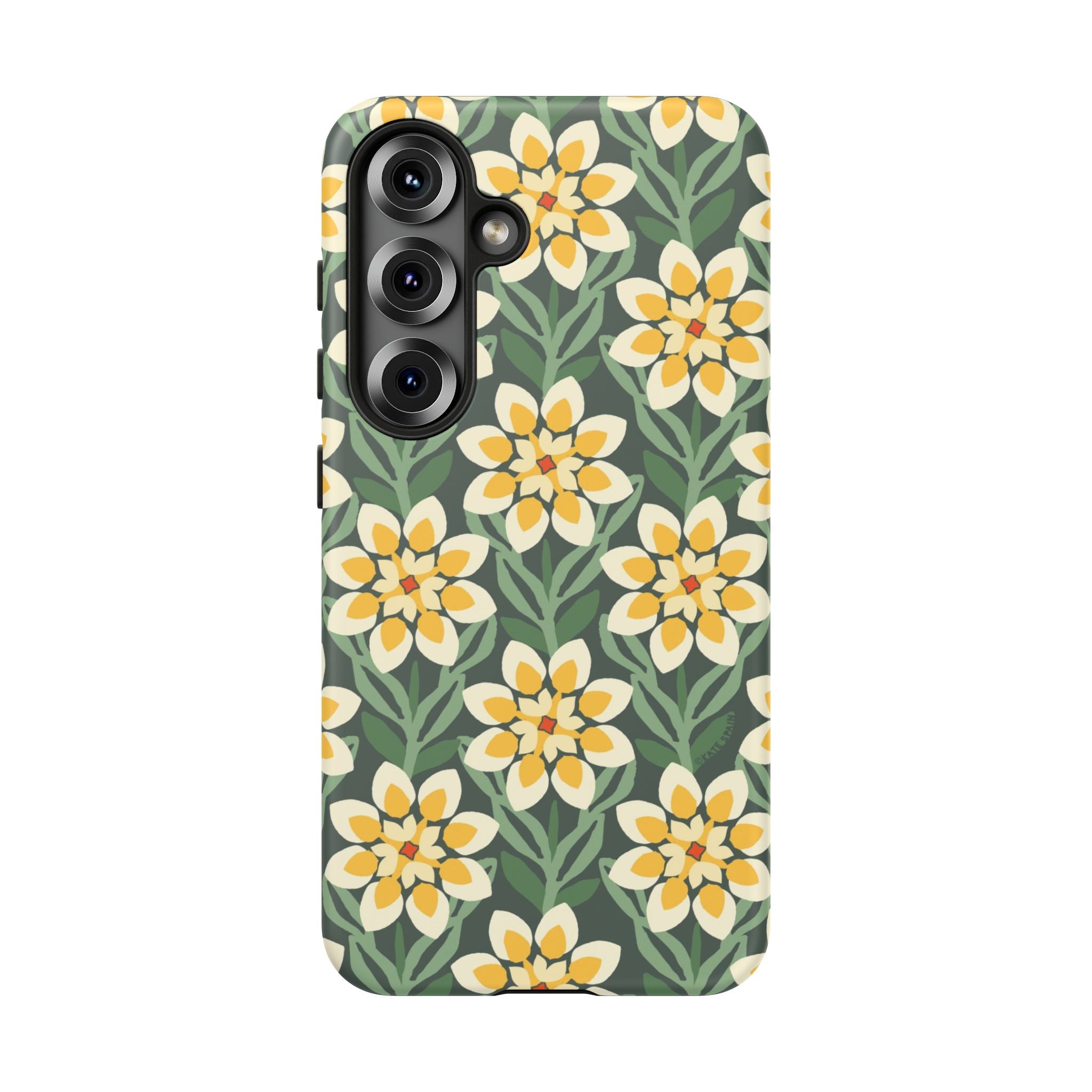 Luxury Modern Dahlia Samsung Galaxy S25 Case – Matte | forest green, yellow, cream modern dahlia print