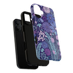 Terrain Night MagSafe iPhone 17 Case – Dual-layered view of case and inner lining in front of phone, with view of camera cutout and buttons | navy, purple, aqua botanical woodland floral print