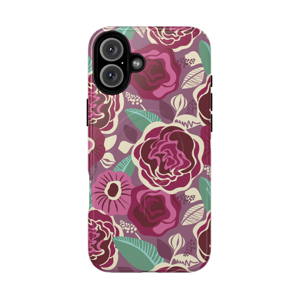 Luxury Tea Rose Burgundy MagSafe iPhone 16 Plus Case – Glossy | burgundy, magenta, plum botanical rose floral print