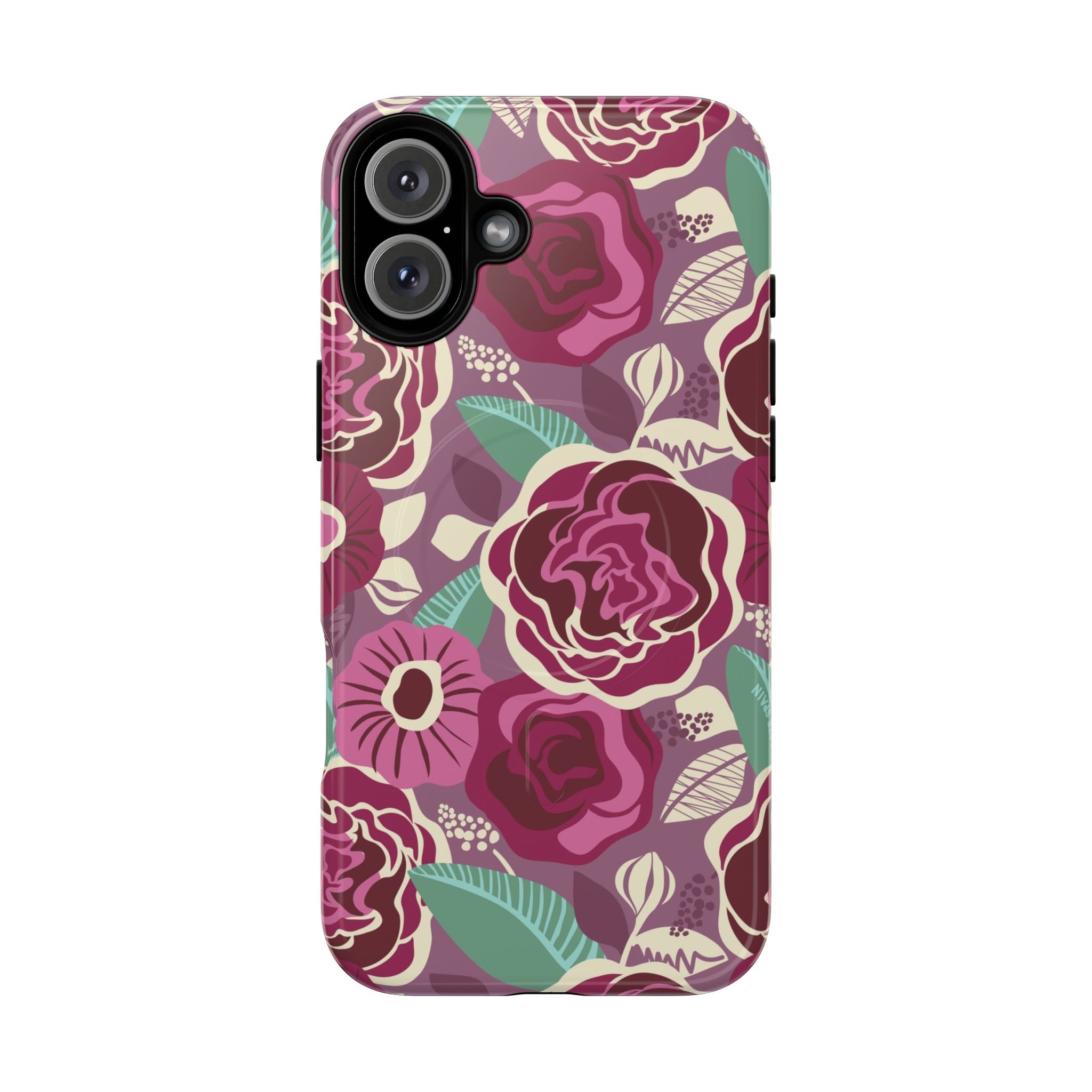 Luxury Tea Rose Burgundy MagSafe iPhone 16 Plus Case – Glossy | burgundy, magenta, plum botanical rose floral print