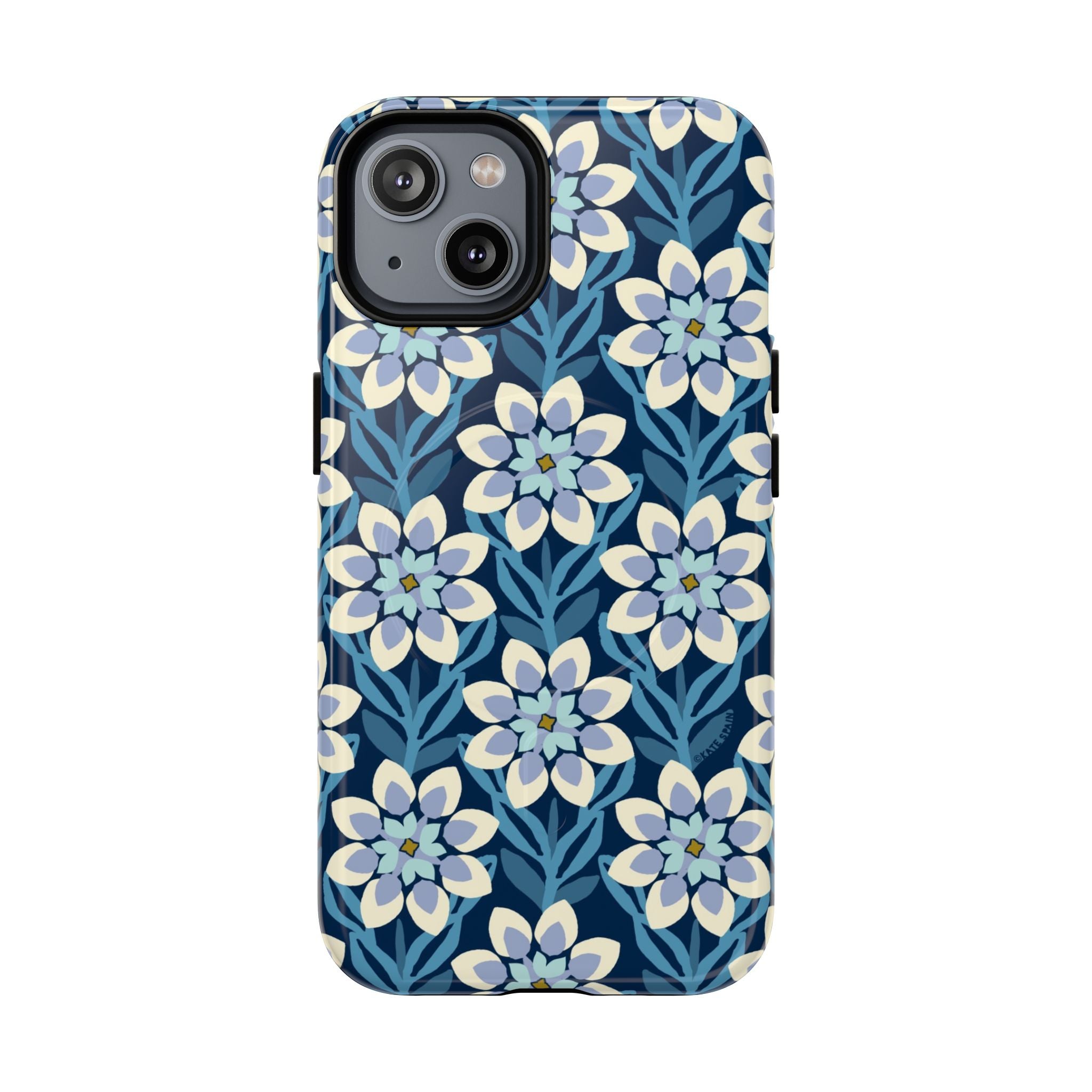 Luxury Modern Dahlia MagSafe iPhone 14 Case – Glossy | navy, slate blue, white geometric dahlia tile floral print