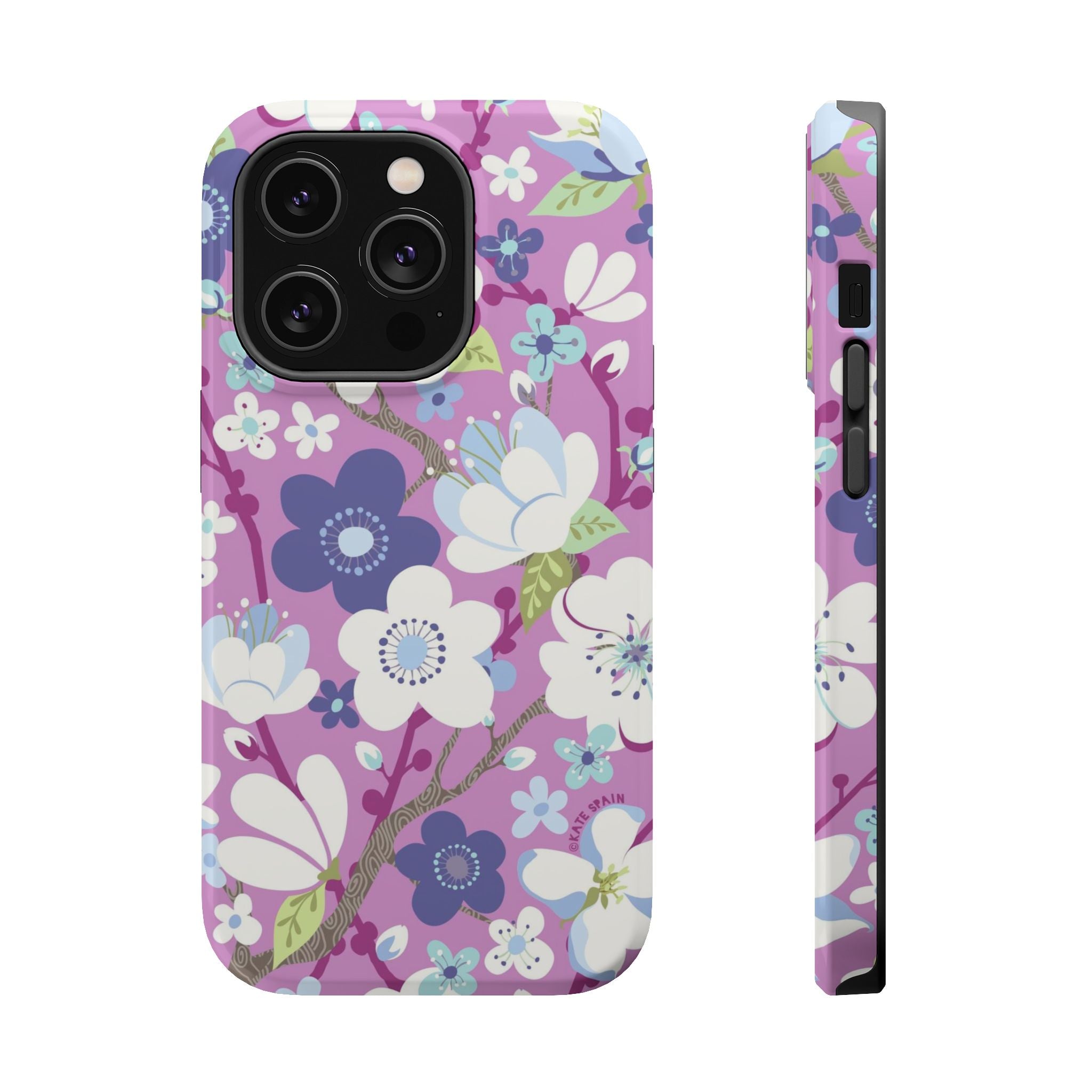 Luxury Cherry Blossom MagSafe iPhone 13 Pro Case – Glossy | mauve, purple, blue, white cherry blossom print