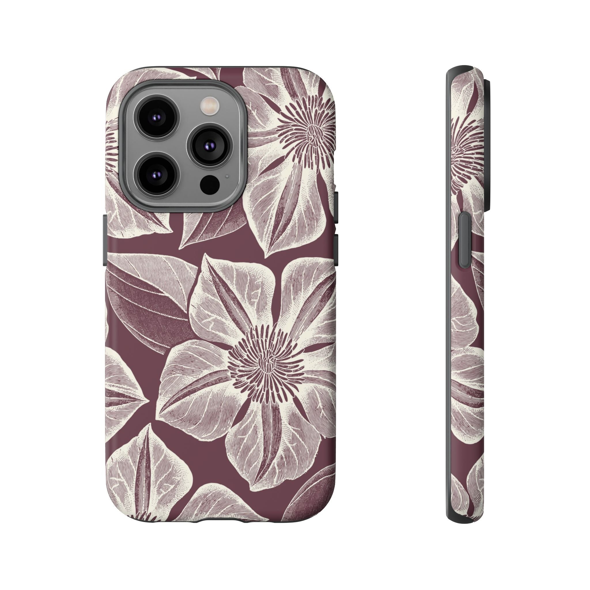 Vintage Bloom Burgundy iPhone 14 Pro case – Matte | burgundy ground, large-scale cream clematis print, engraved petal detail, dual-layer protection