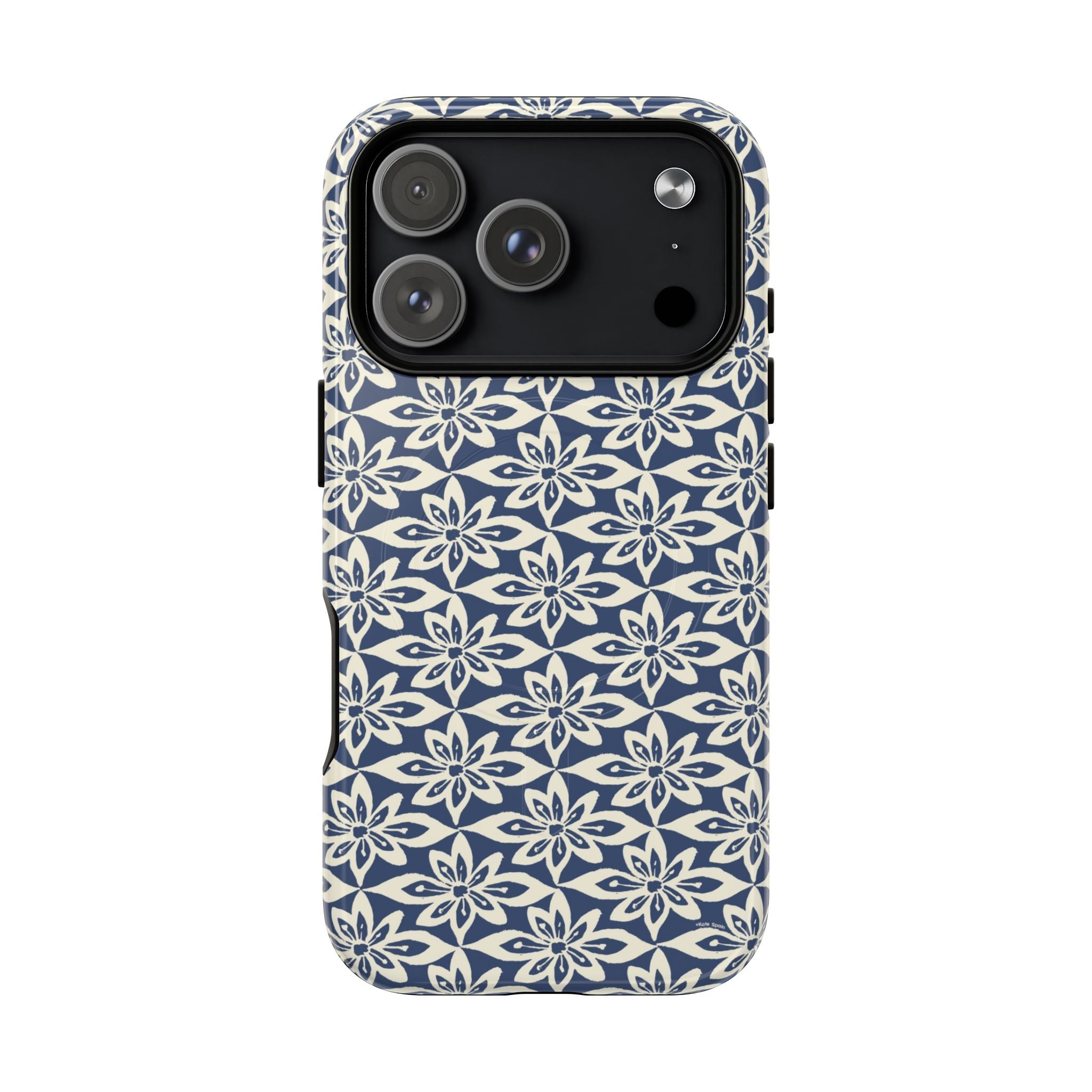 Lily Navy MagSafe iPhone 17 Pro Case – Glossy | graphic white lily print on deep navy — botanical MagSafe case by Kate Spain