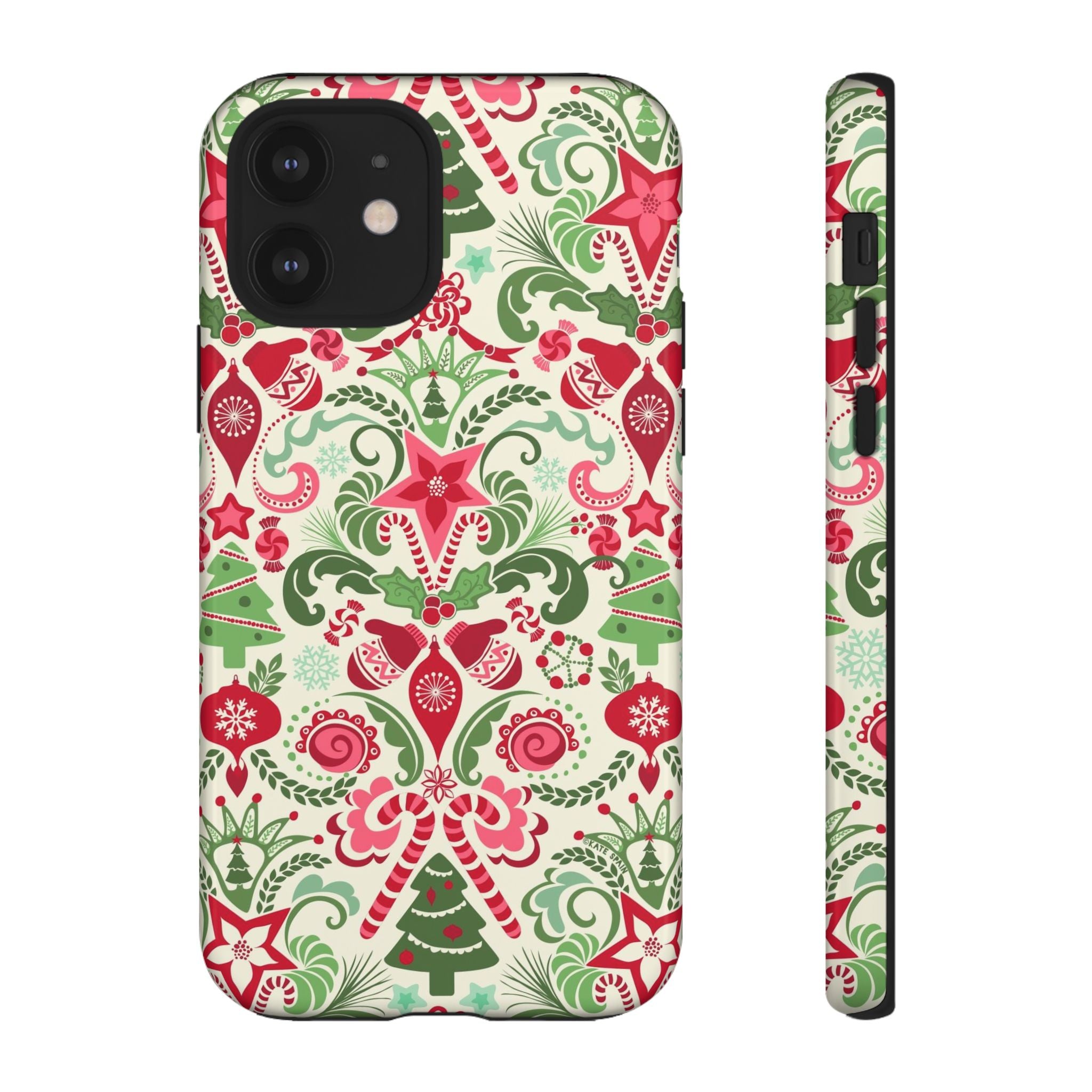 Wonderland Tough iPhone 12 Case – Glossy | cream, red, green Christmas ornament damask print
