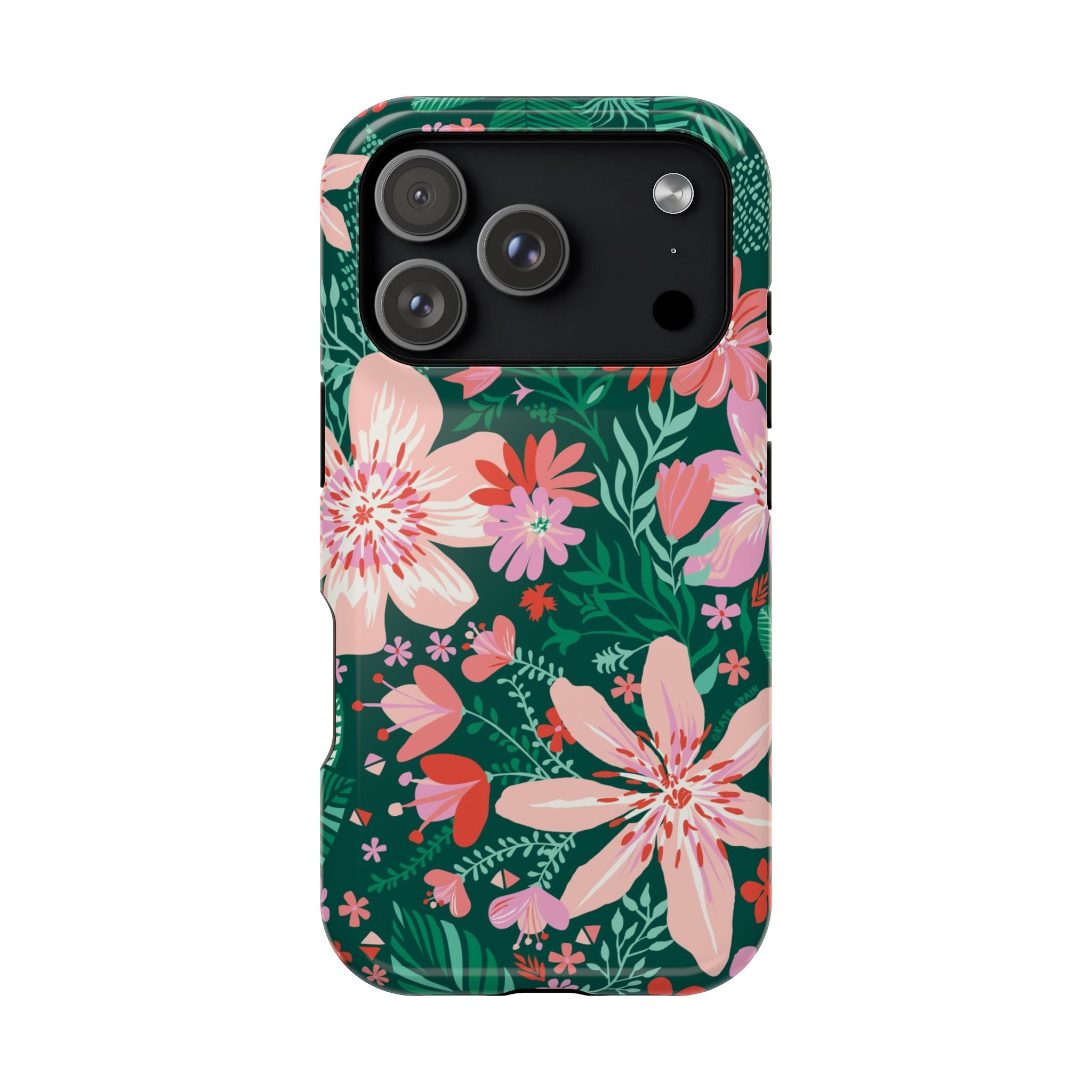 Bonaire MagSafe iPhone 17 Pro Case – Glossy | forest green, blush, coral tropical floral print