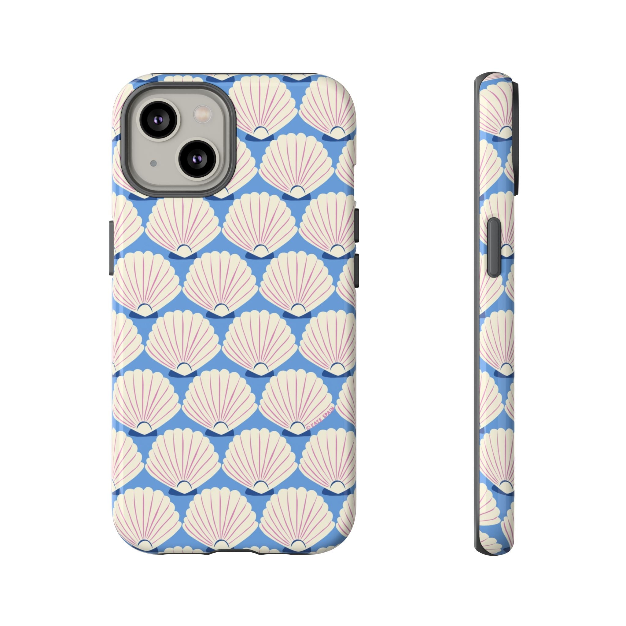 Seashells Tough iPhone 14 Case – Glossy | periwinkle, cream, blush scallop shell print