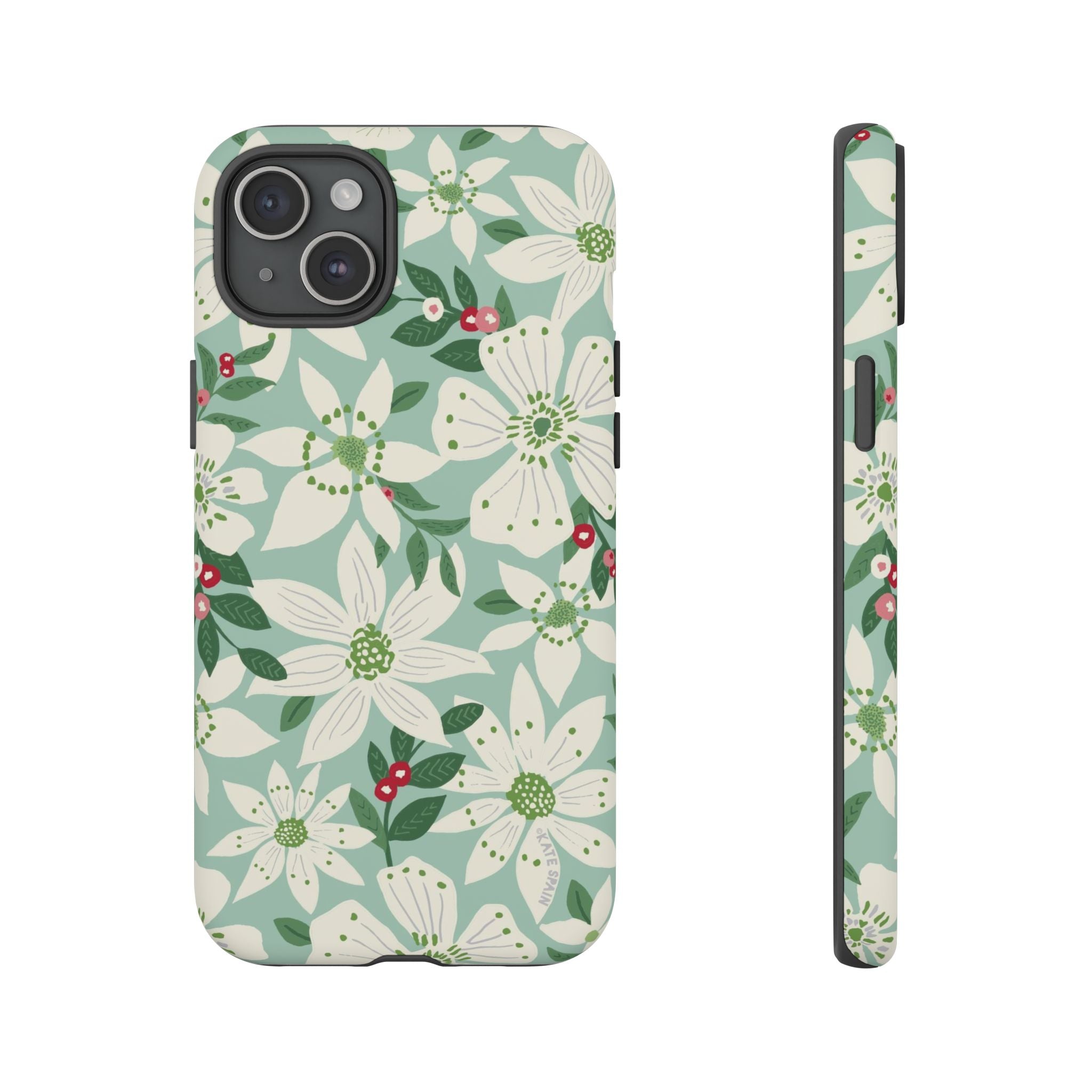Gardenia Tough iPhone 15 Plus Case – Matte | light blue, white, green, red gardenia botanical print