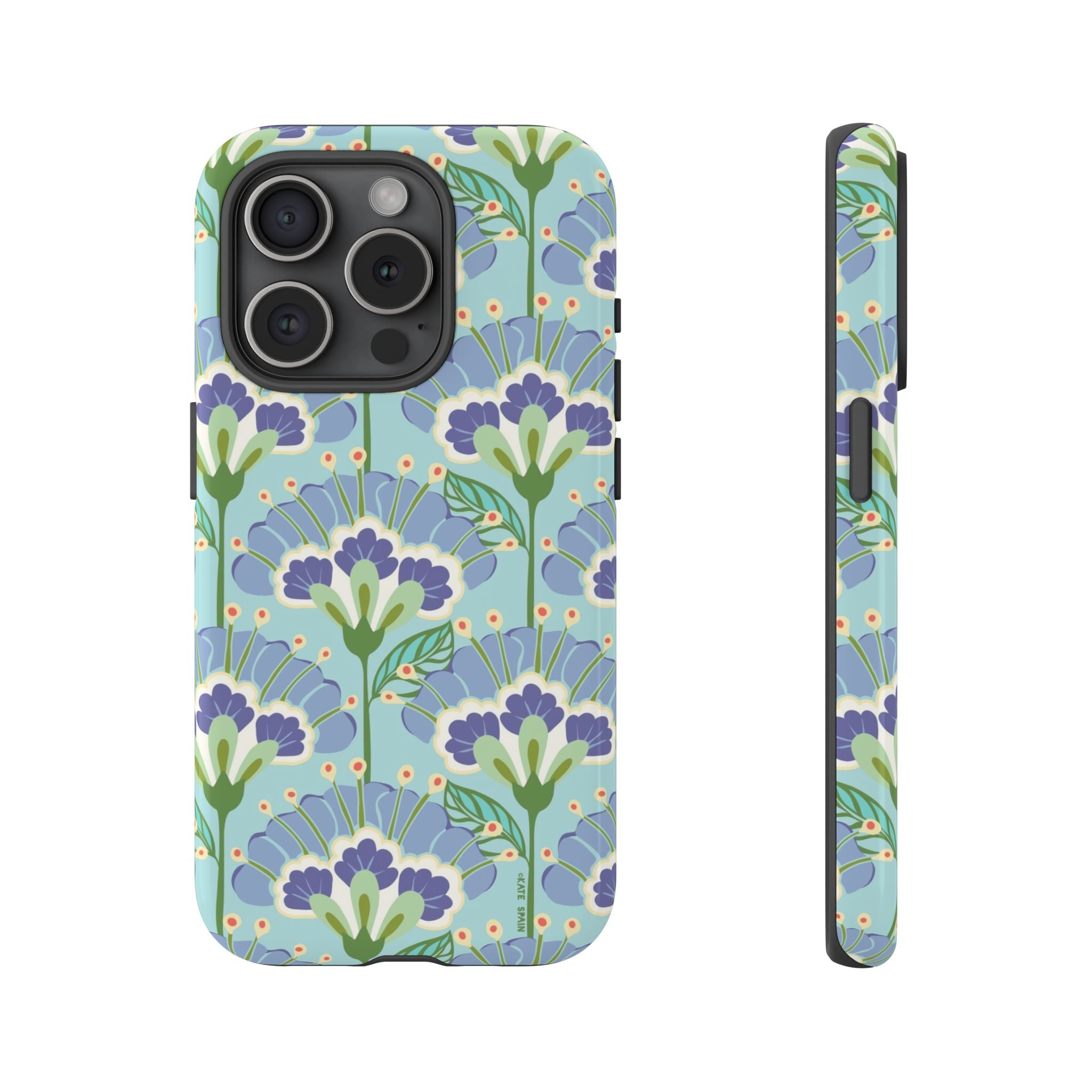 Lantern Flower Tough iPhone 15 Pro Case – Glossy | aqua, periwinkle, green botanical lantern floral print