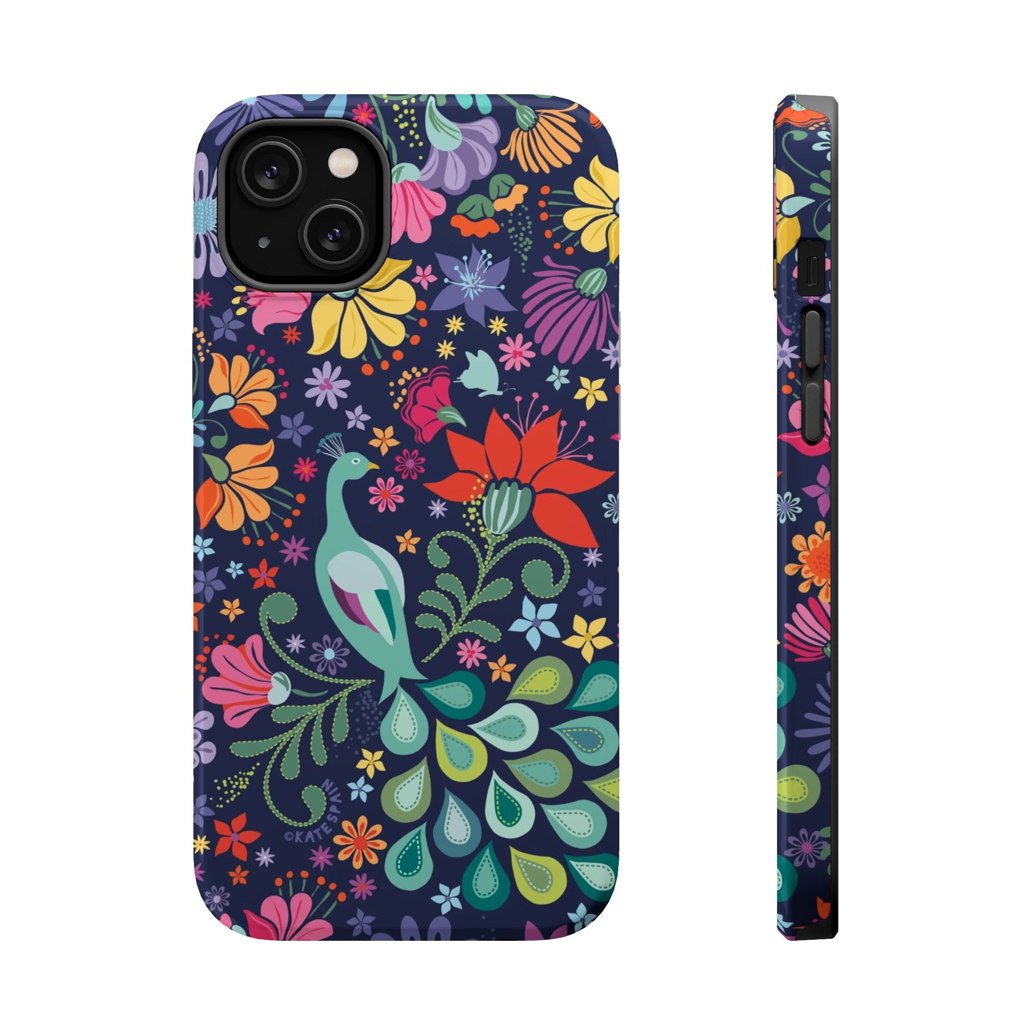 Peacock Sanctuary MagSafe iPhone 14 Plus Case – Glossy | navy, teal, ivory peacock botanical print MagSafe compatible, dual-layer protection