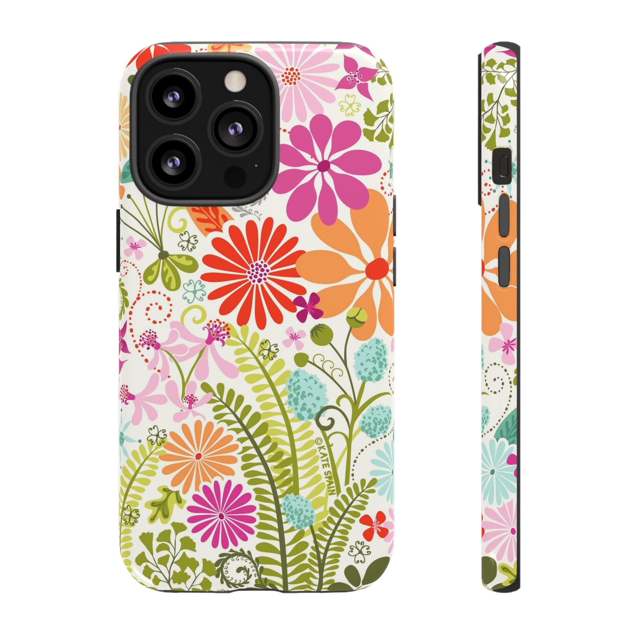Luxury Terrain Tough iPhone 13 Pro Case – Glossy | white, magenta, coral botanical woodland floral print