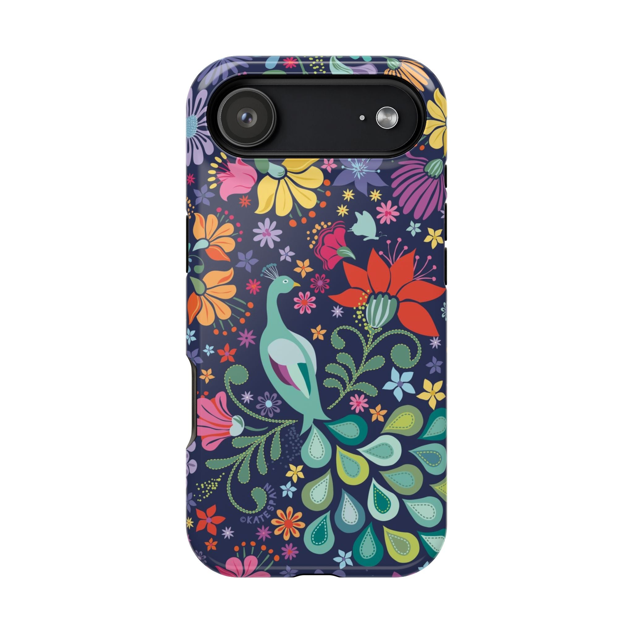 Peacock Sanctuary MagSafe iPhone 17 Air Case – Glossy | navy, teal, ivory peacock botanical print MagSafe compatible, dual-layer protection
