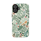Juniper MagSafe iPhone 16 Plus Case – Matte | cream, forest green, sage, and rust winter botanical print with pine, holly, acorns, and pinecones