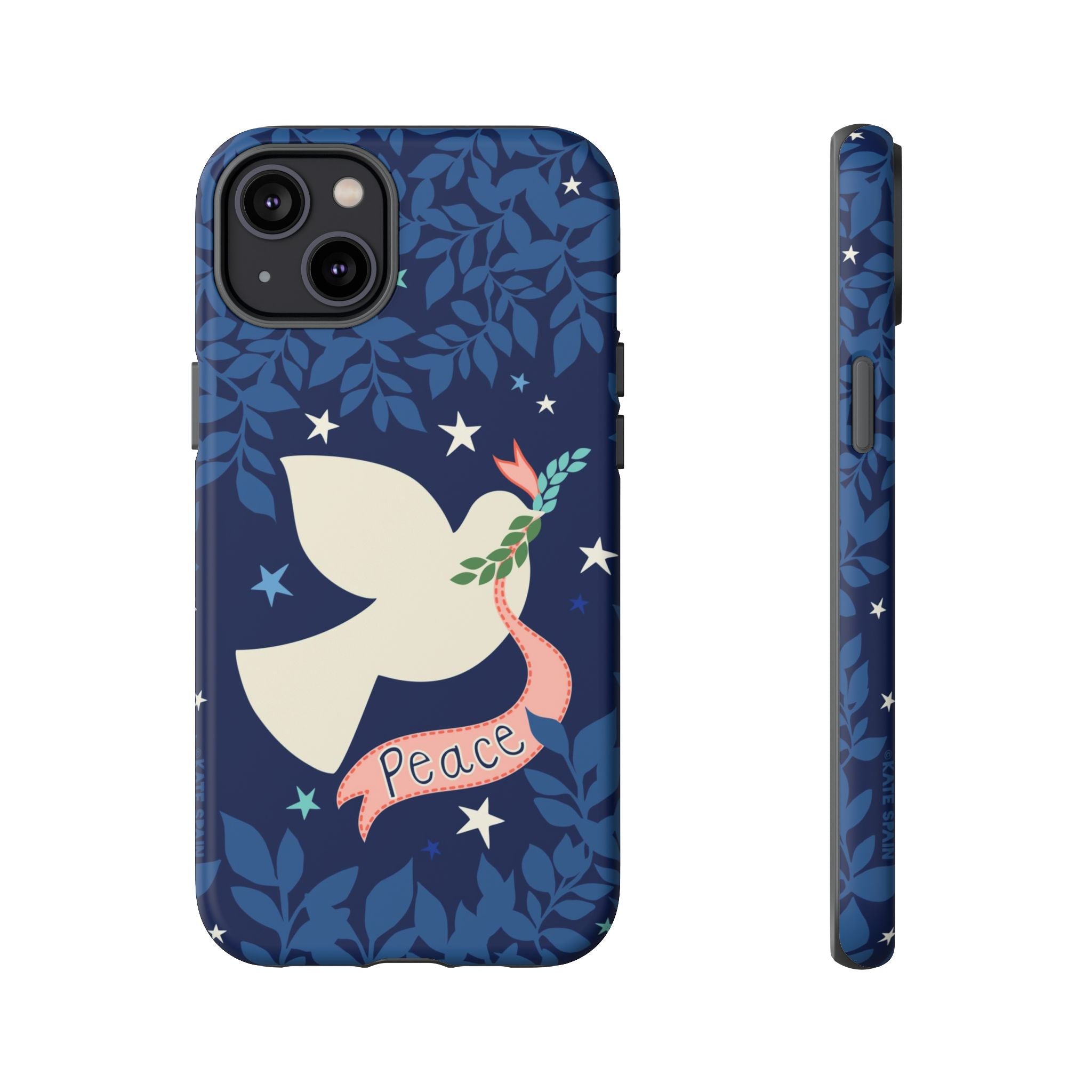 Peace Tough iPhone 14 Plus Case – Matte | navy, cream peace dove, stars, botanical print