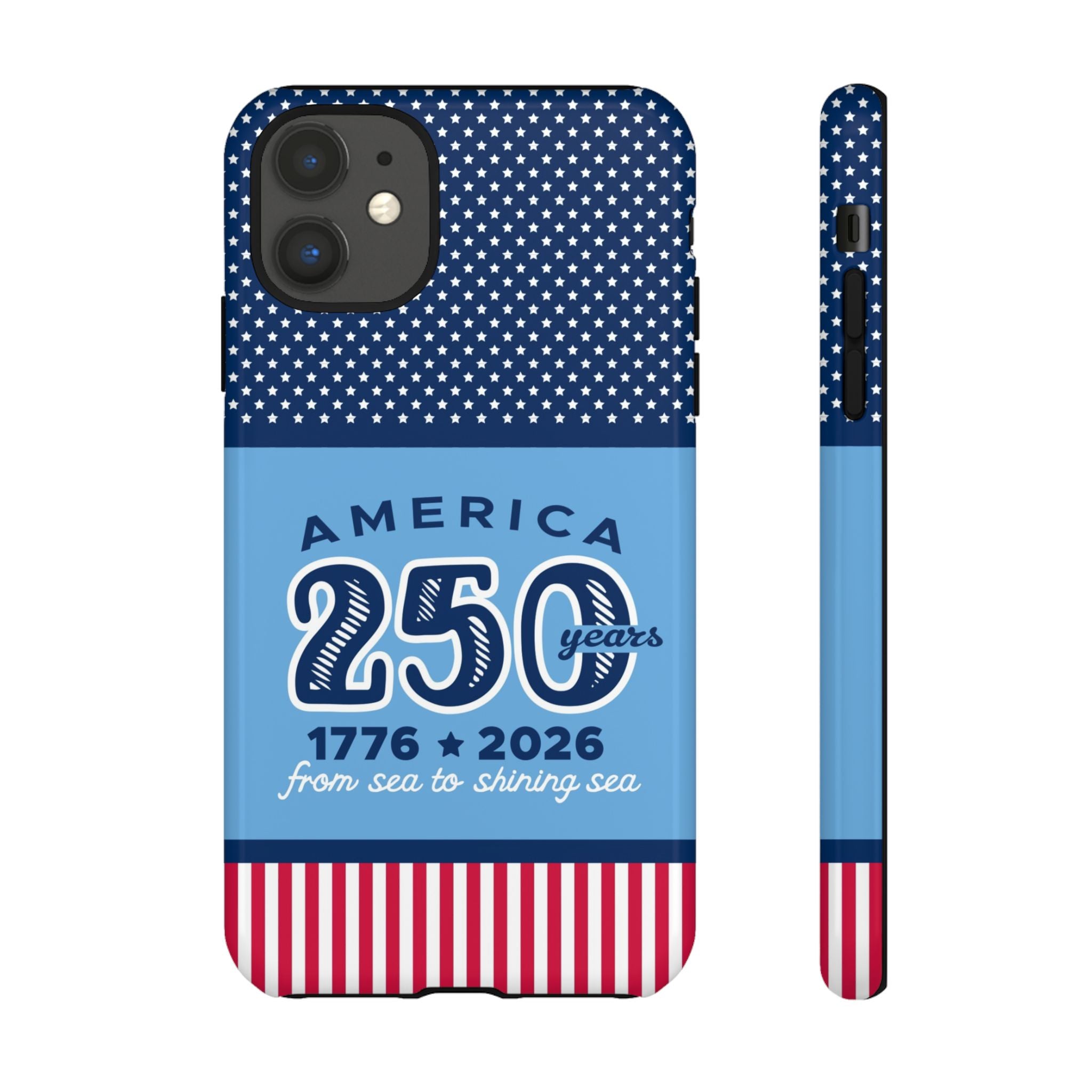 Sea to Shining Sea Tough iPhone 11 Case – Glossy | navy, sky blue, red, white American stars & stripes 250th anniversary print