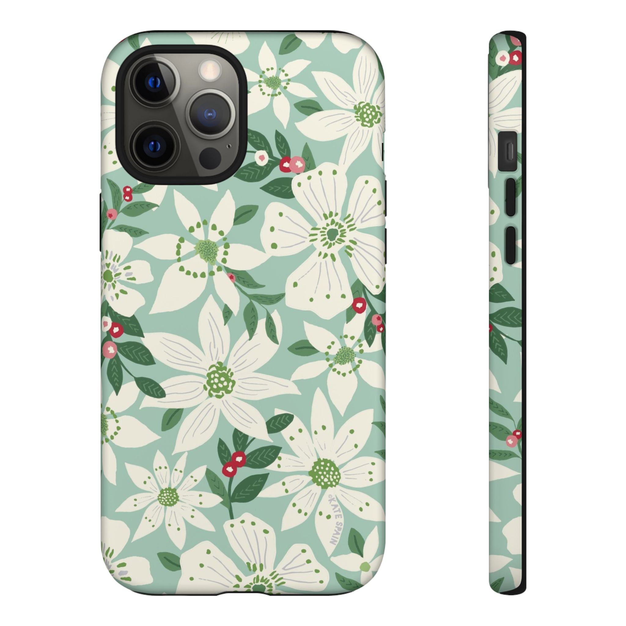 Gardenia Tough iPhone 12 Pro Max Case – Matte | light blue, white, green, red gardenia botanical print