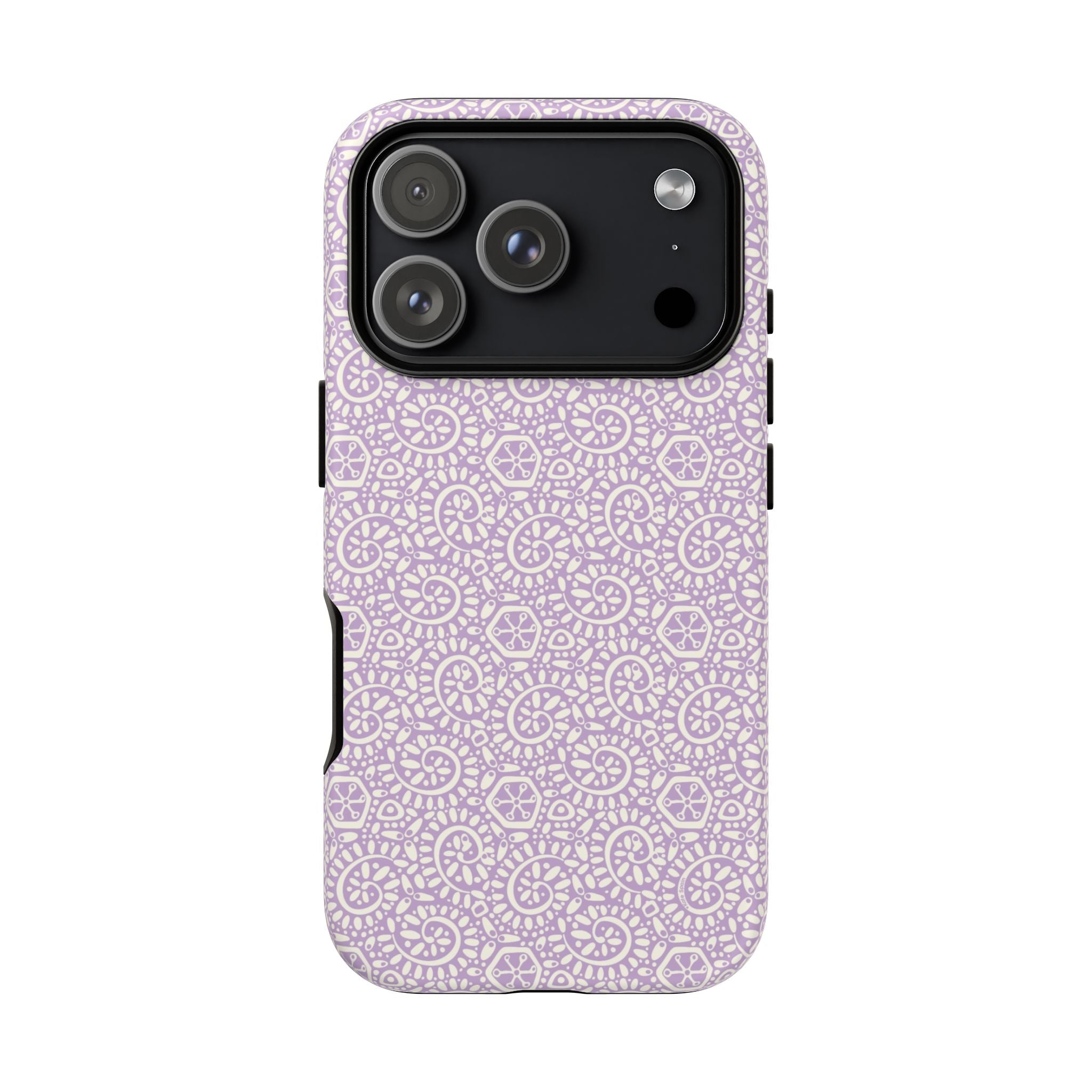 Canto Swirls Lavender iPhone 17 Pro Matte Case — lavender hard case covered in an intricate folk-art medallion pattern of radiating circular motifs, dot clusters, and geometric centers