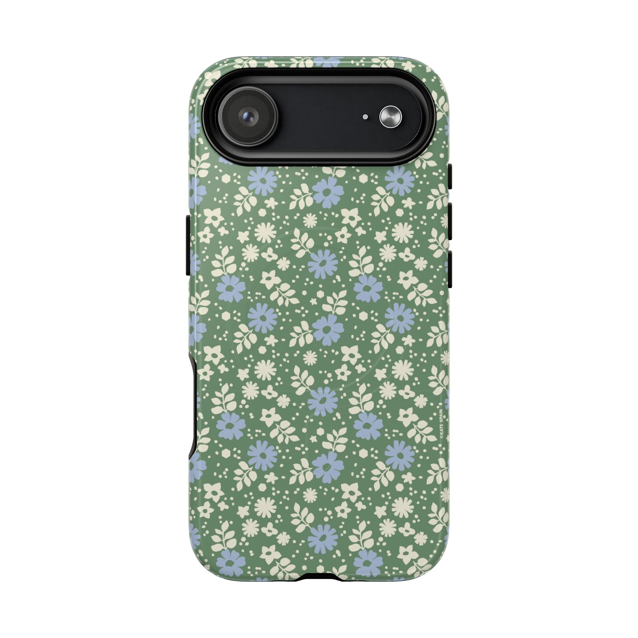 Petaline Green MagSafe iPhone 17 Air Case – Glossy | cream and periwinkle blue ditsy floral print on a sage green ground