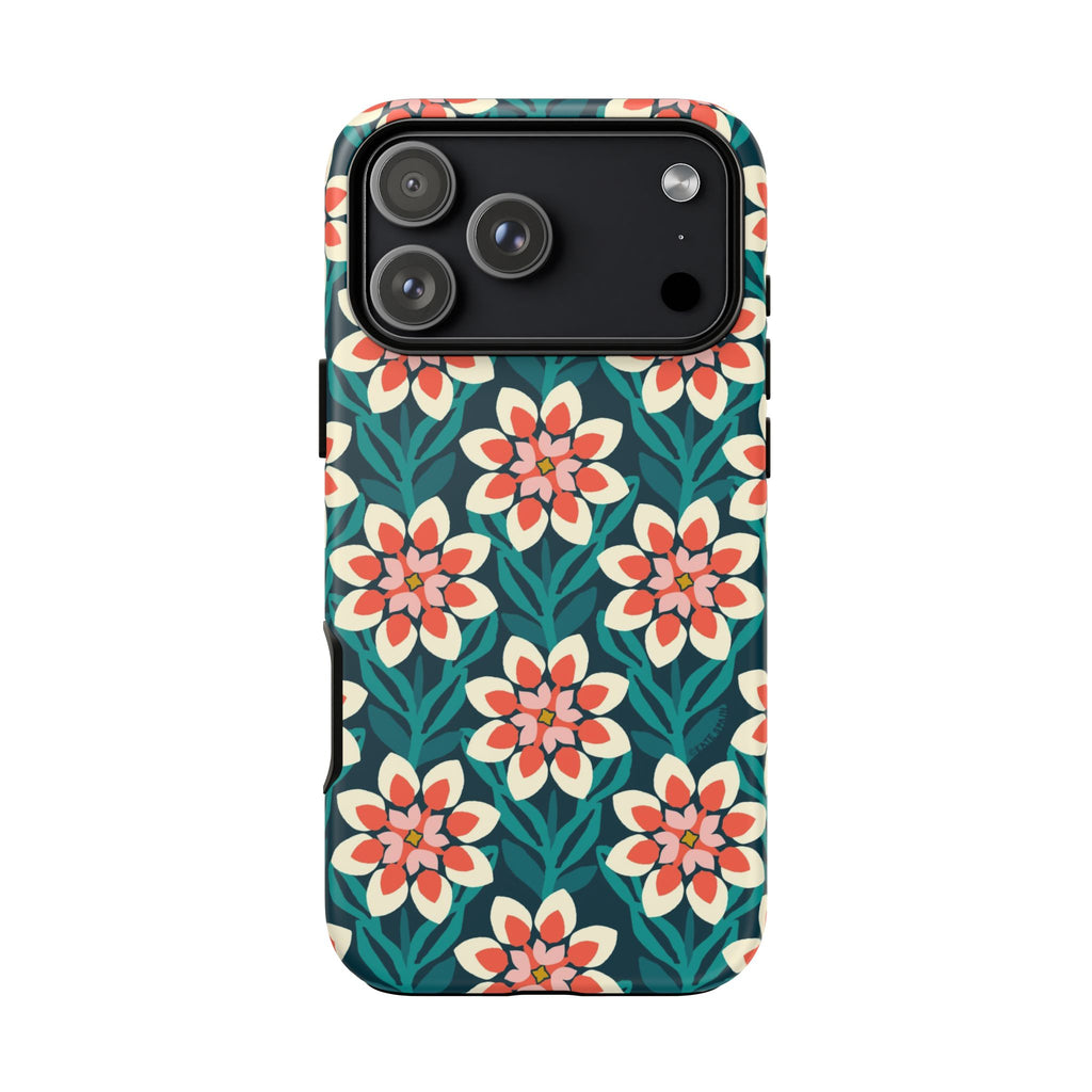 Modern Dahlia Tough iPhone 17 Pro Max Case – Matte | teal, coral, cream geometric dahlia floral print