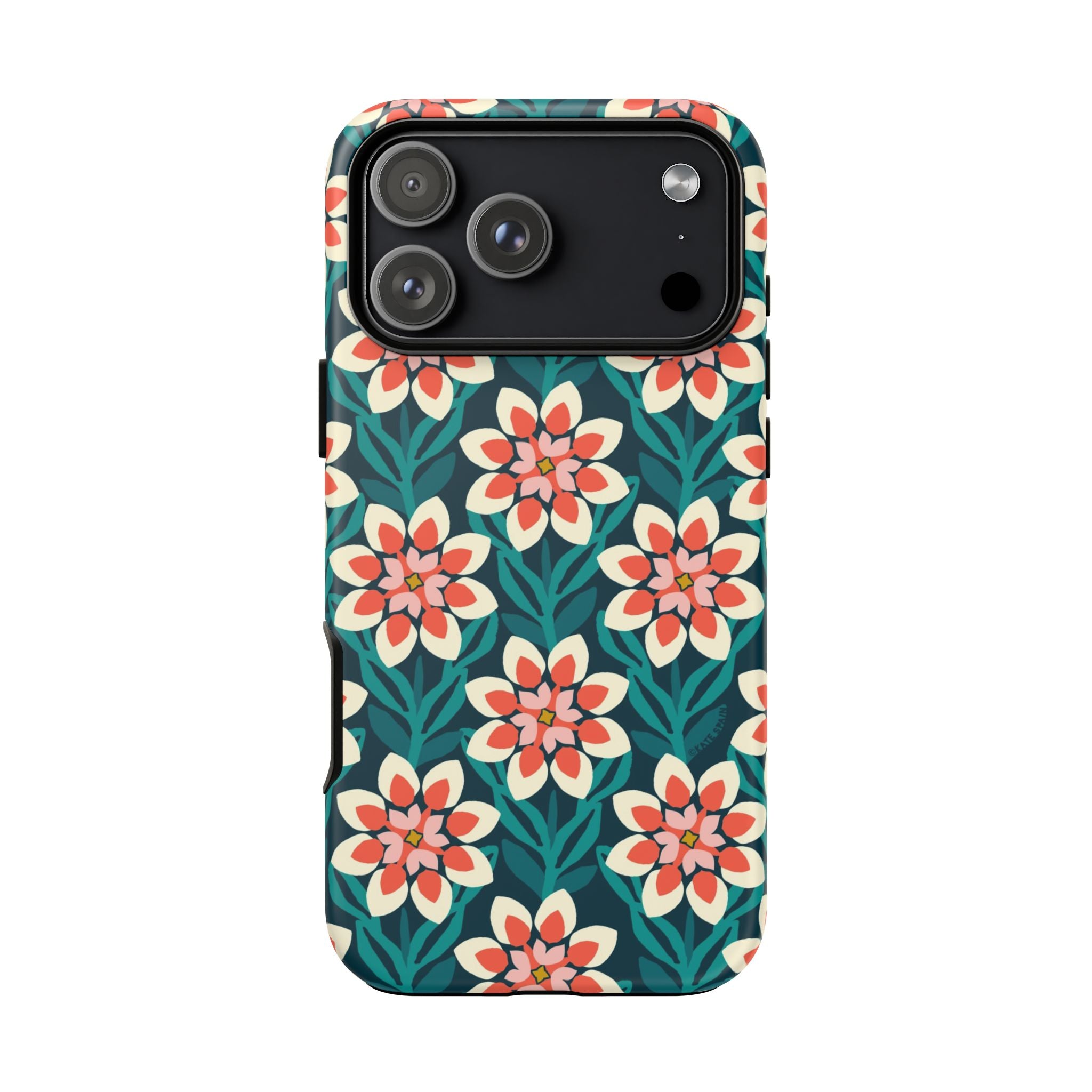 Modern Dahlia Tough iPhone 17 Pro Max Case – Matte | teal, coral, cream geometric dahlia floral print
